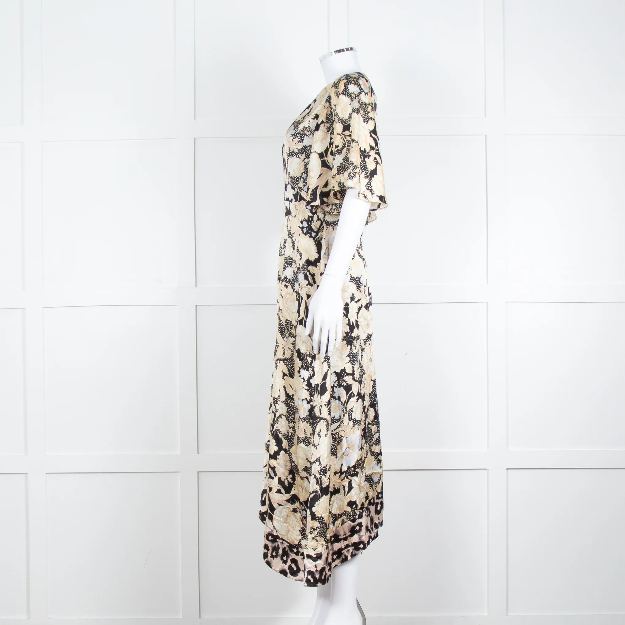 Rebecca Taylor Black Cream Floral Short Sleeves Silk Midi Dress - Image 7