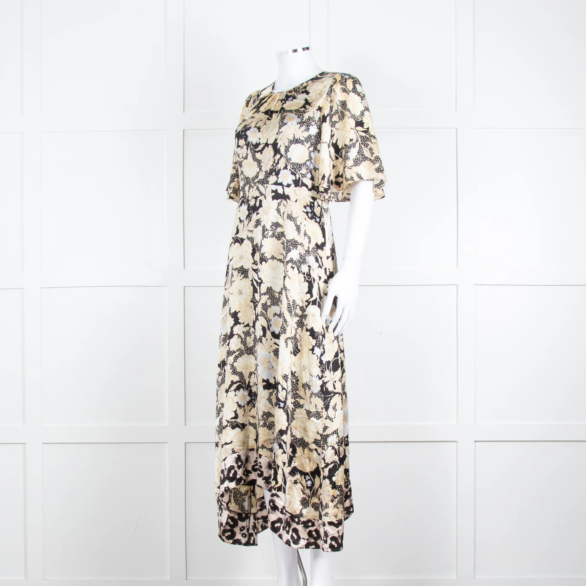 Rebecca Taylor Black Cream Floral Short Sleeves Silk Midi Dress - Image 8