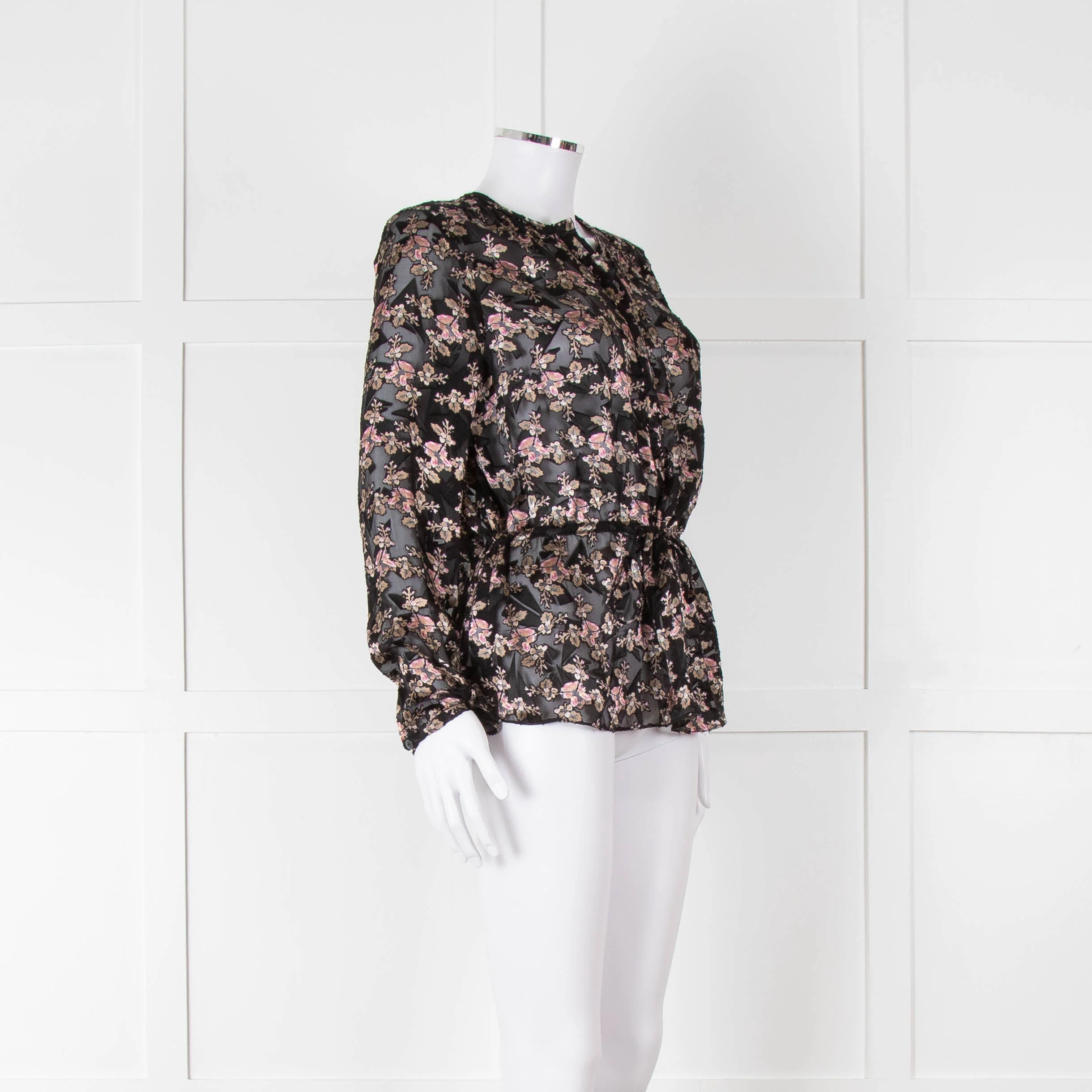 Rebecca Taylor Black Floral Devore Blouse with Drawstring Waist - Image 3