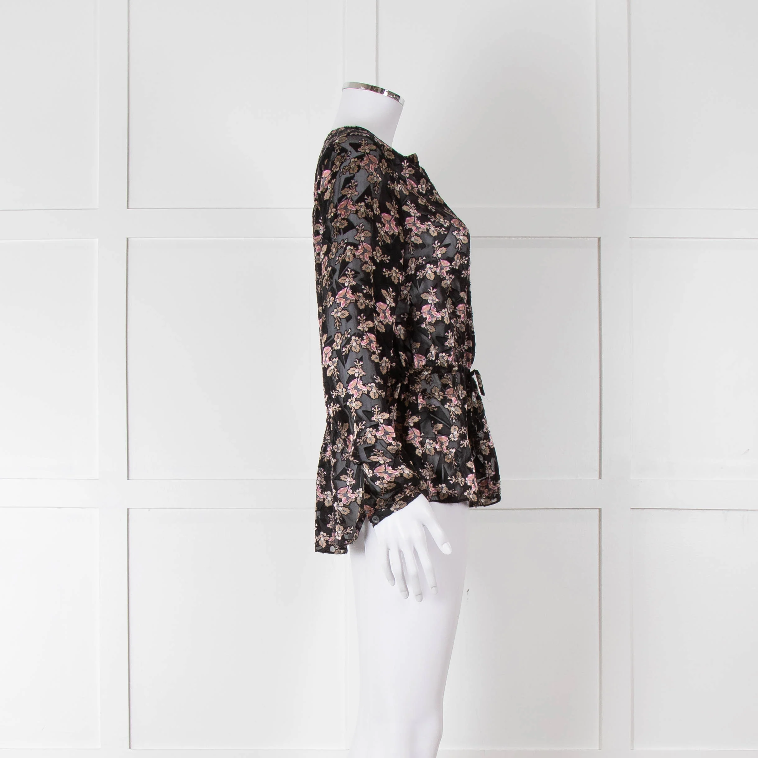 Rebecca Taylor Black Floral Devore Blouse with Drawstring Waist - Image 4