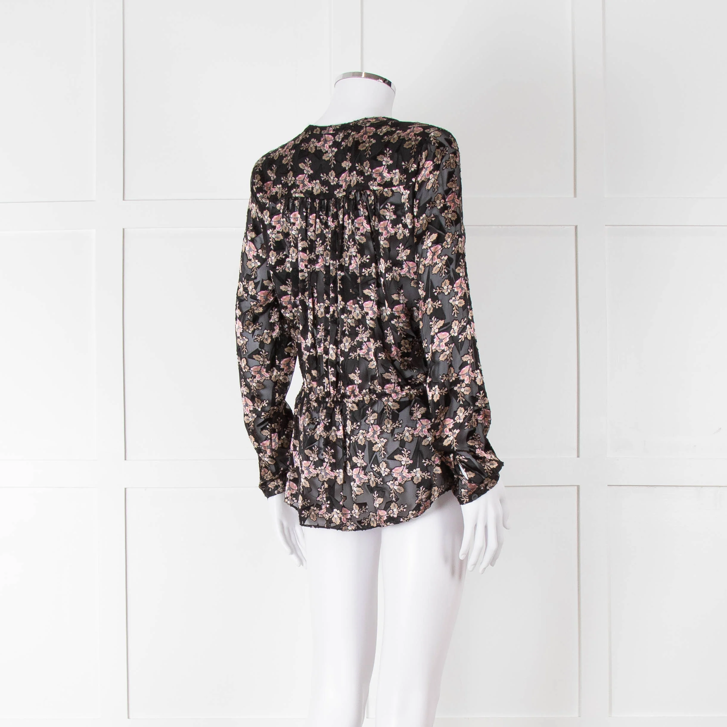 Rebecca Taylor Black Floral Devore Blouse with Drawstring Waist - Image 5