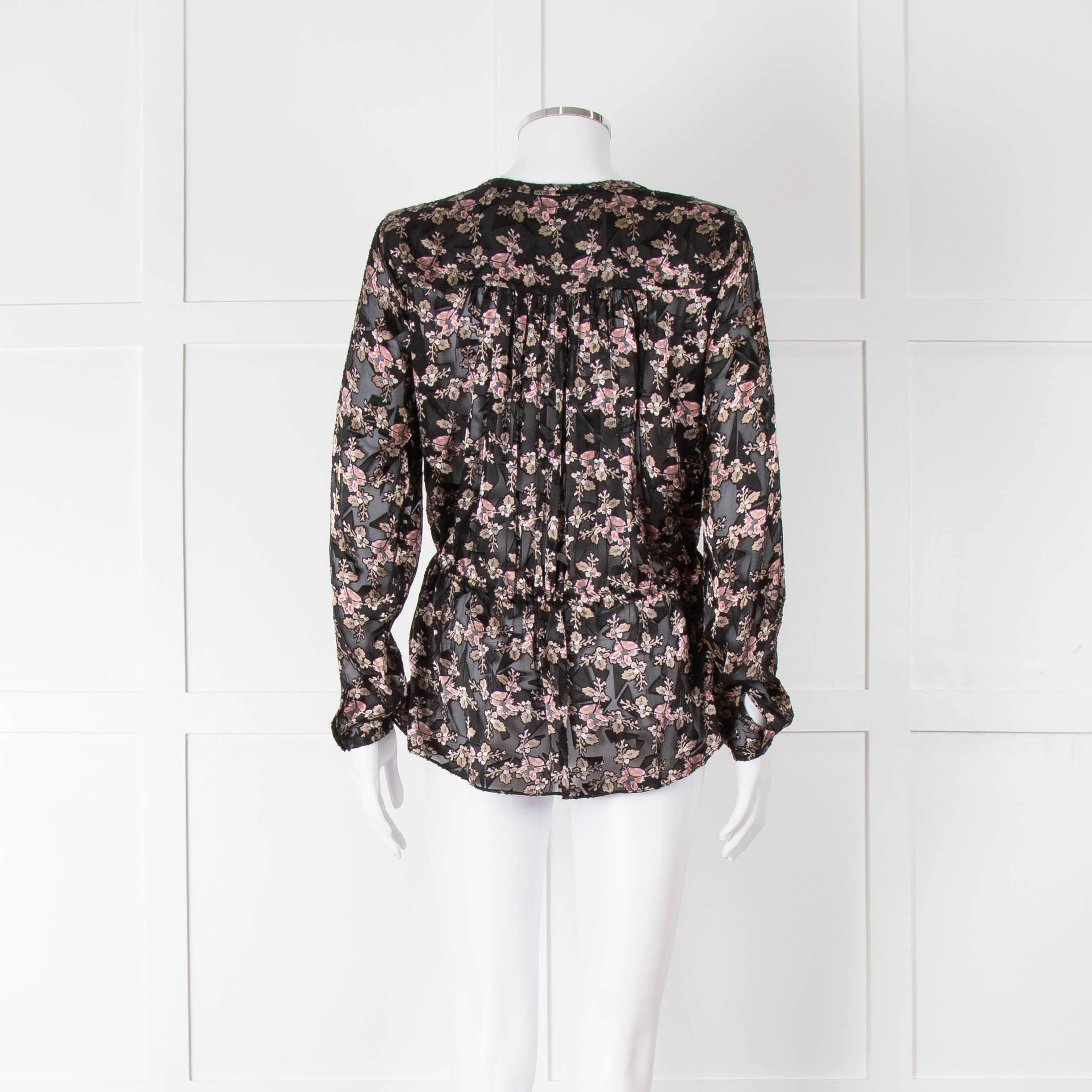 Rebecca Taylor Black Floral Devore Blouse with Drawstring Waist - Image 6