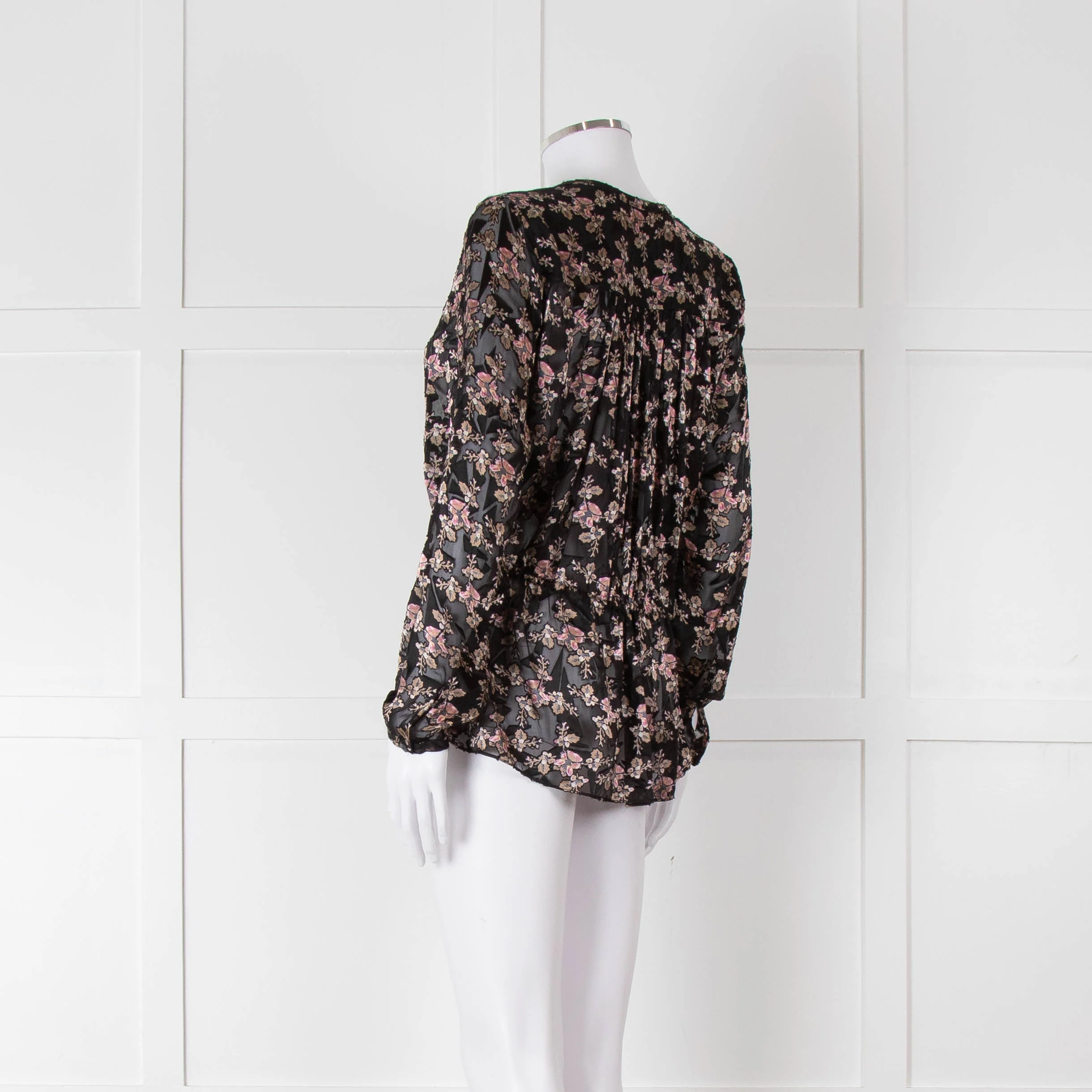 Rebecca Taylor Black Floral Devore Blouse with Drawstring Waist - Image 7