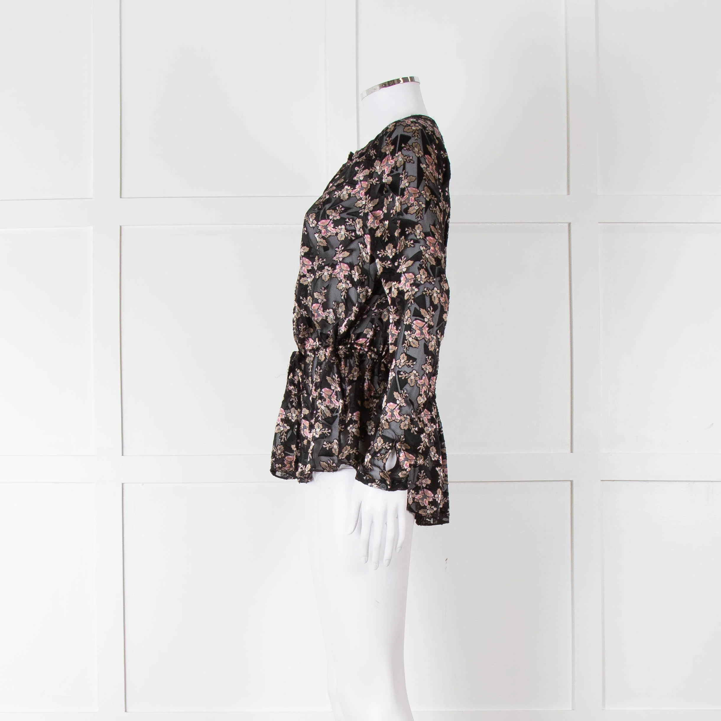 Rebecca Taylor Black Floral Devore Blouse with Drawstring Waist - Image 8