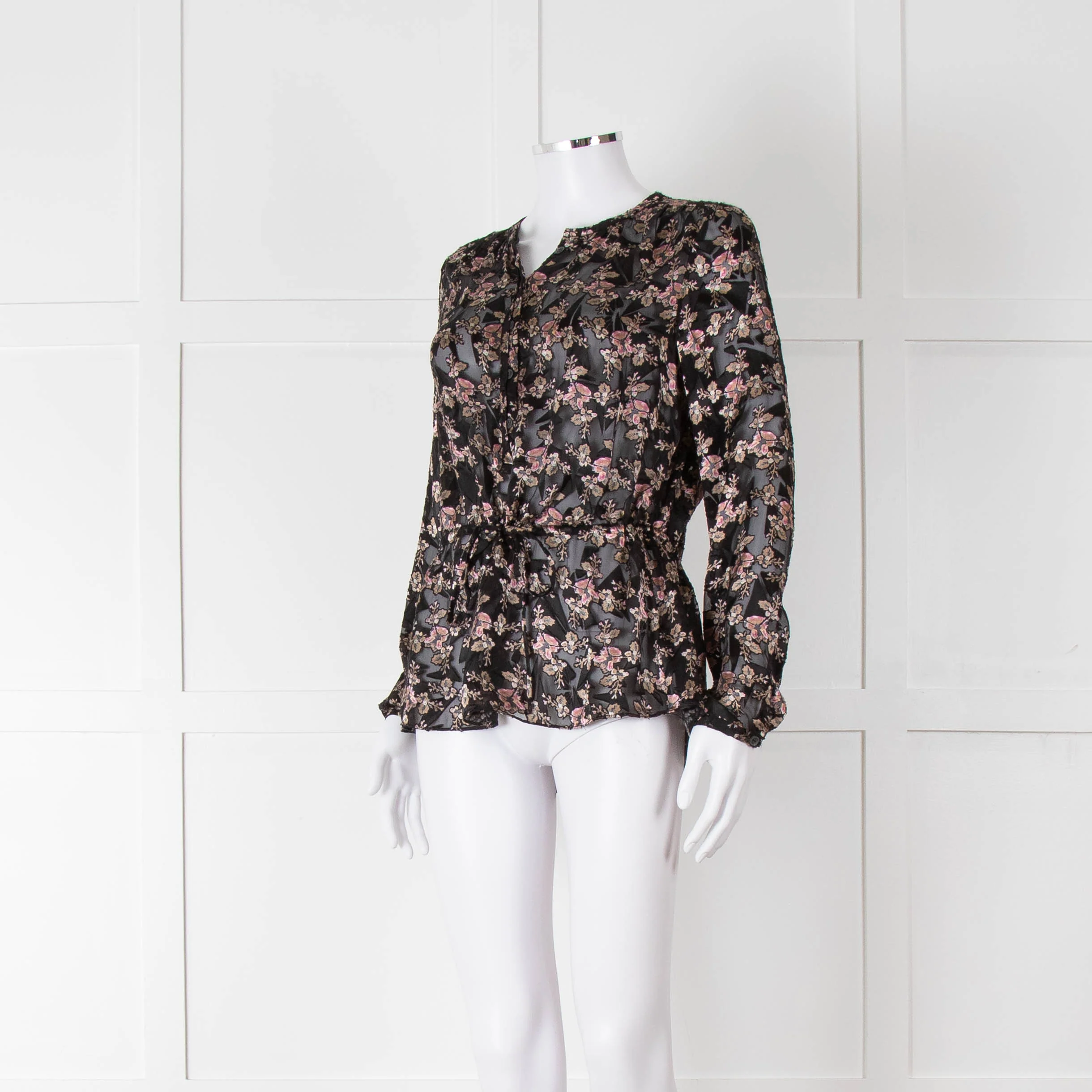Rebecca Taylor Black Floral Devore Blouse with Drawstring Waist - Image 9