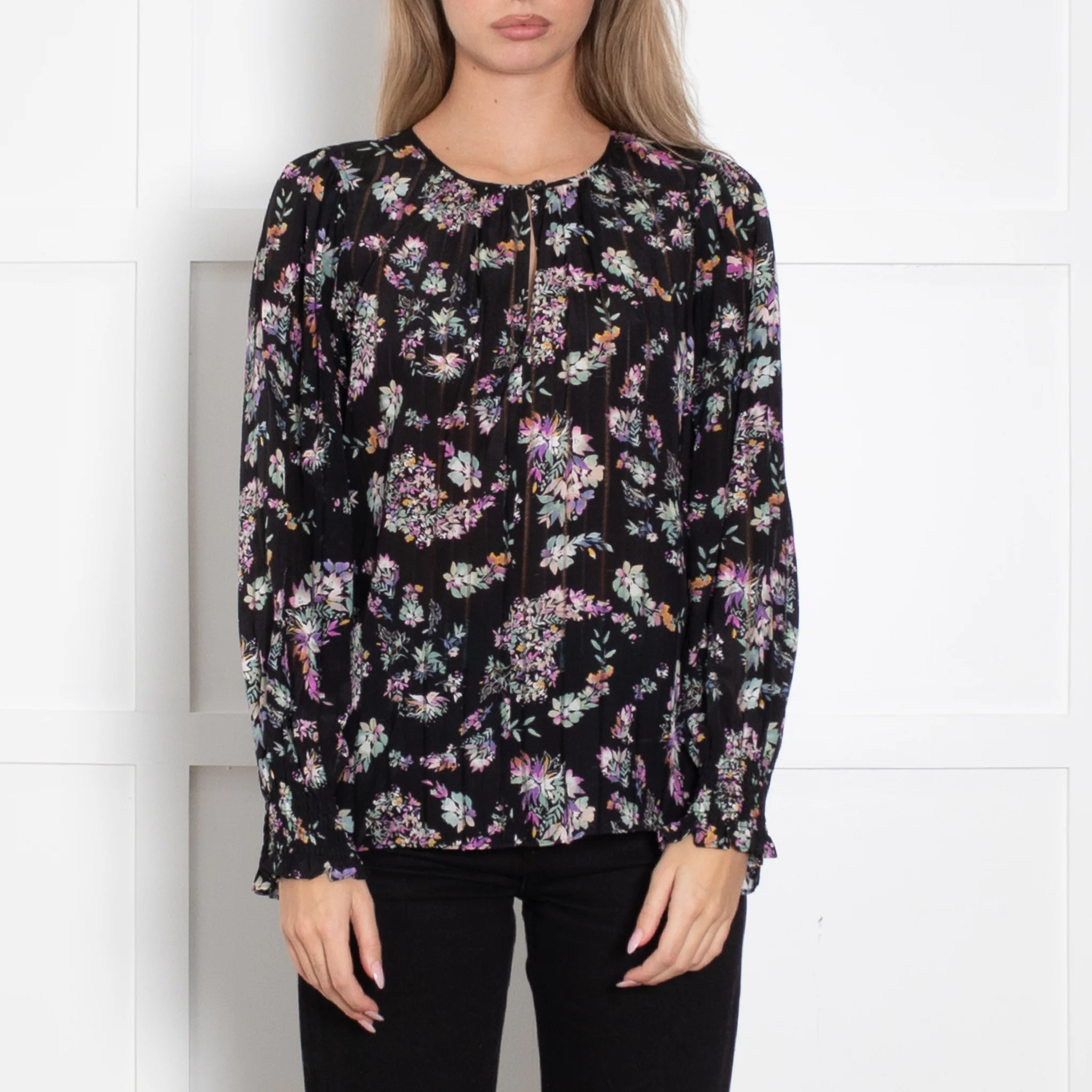 Rebecca Taylor Black Floral Print Blouse with Elasticated Cuffs - Image 2