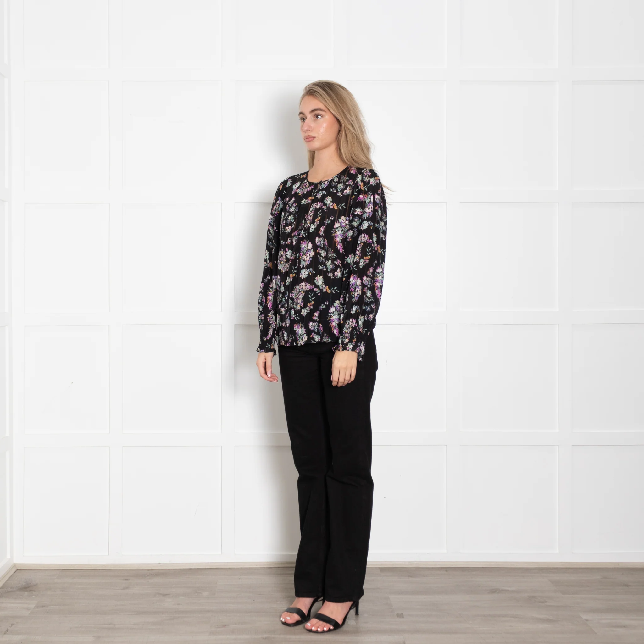 Rebecca Taylor Black Floral Print Blouse with Elasticated Cuffs - Image 3