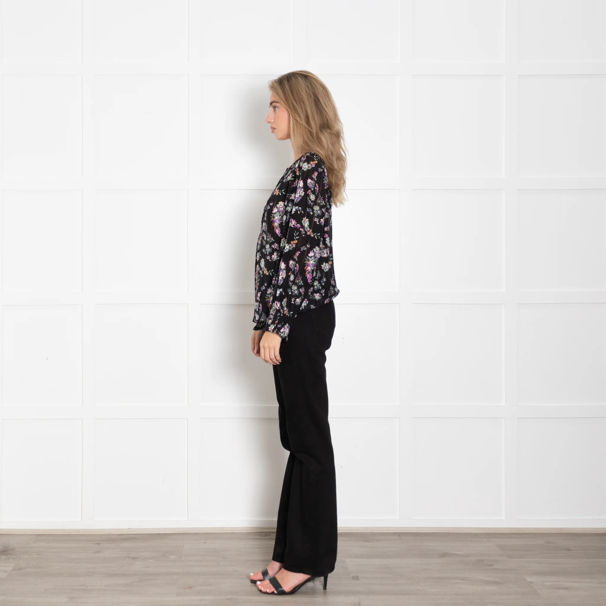 Rebecca Taylor Black Floral Print Blouse with Elasticated Cuffs - Image 4