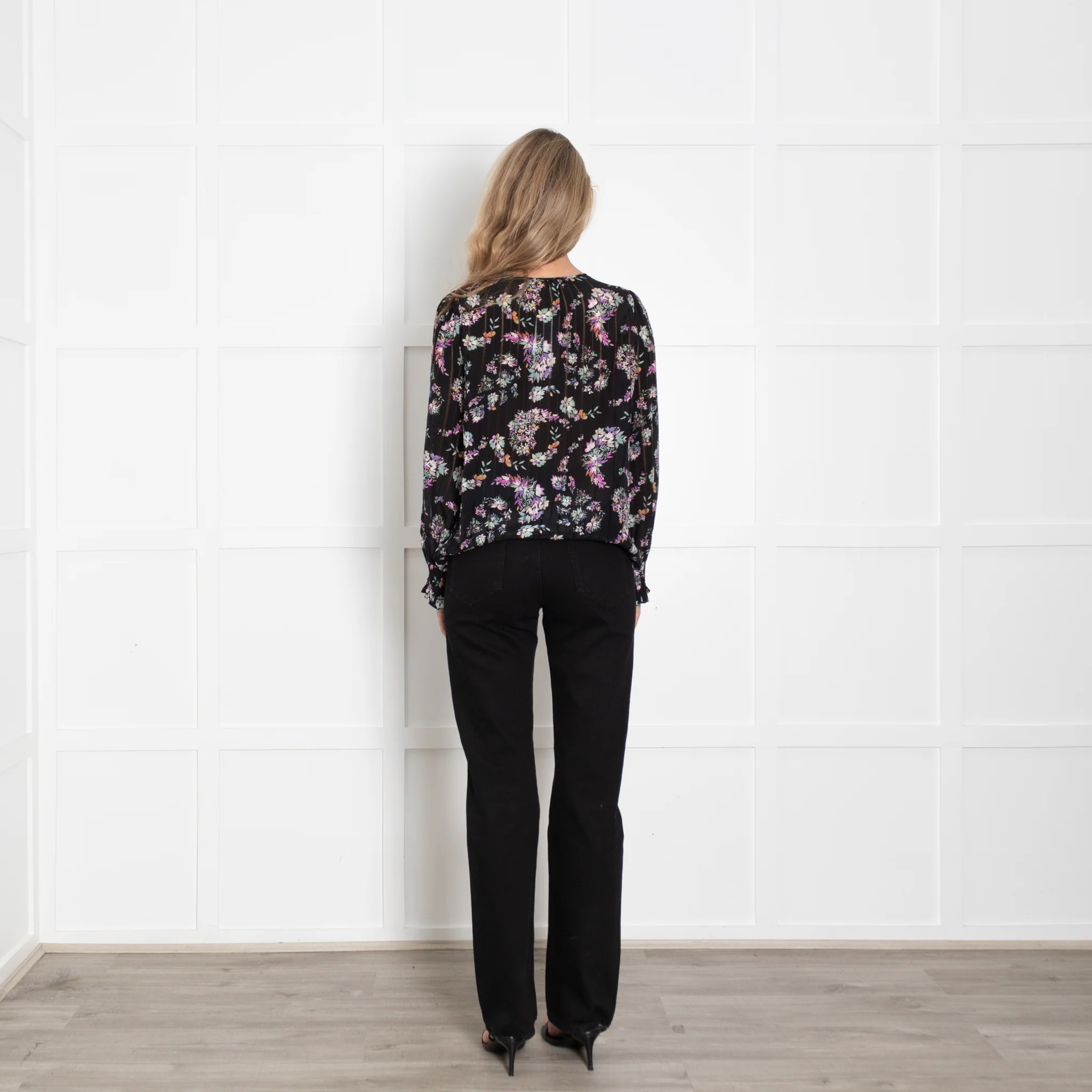 Rebecca Taylor Black Floral Print Blouse with Elasticated Cuffs - Image 5
