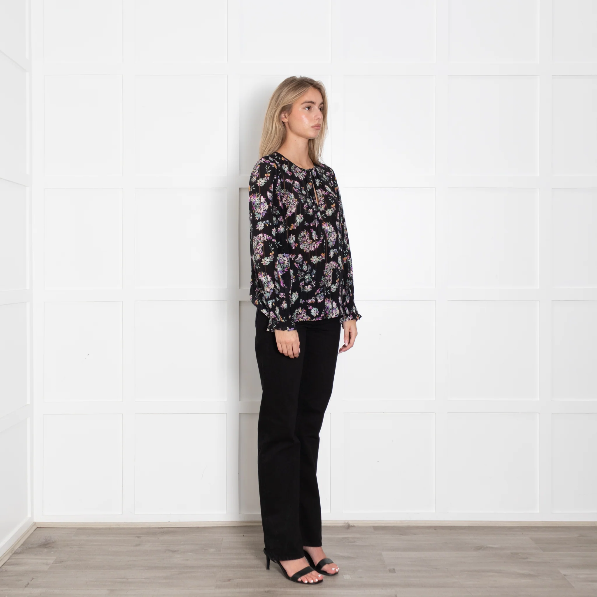 Rebecca Taylor Black Floral Print Blouse with Elasticated Cuffs - Image 7