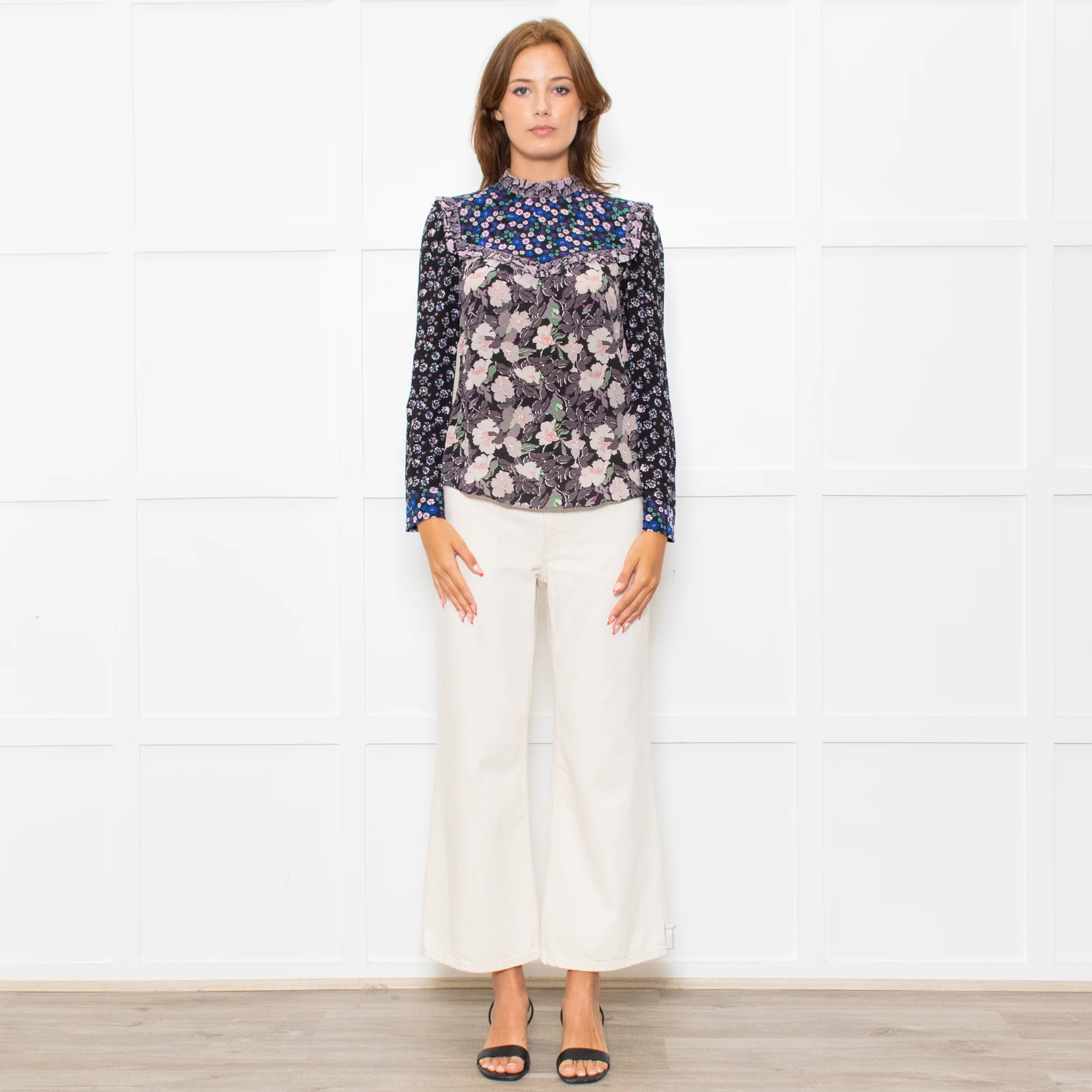 Rebecca Taylor Black Grey Pink Floral Back Buttons Frill Detail Top