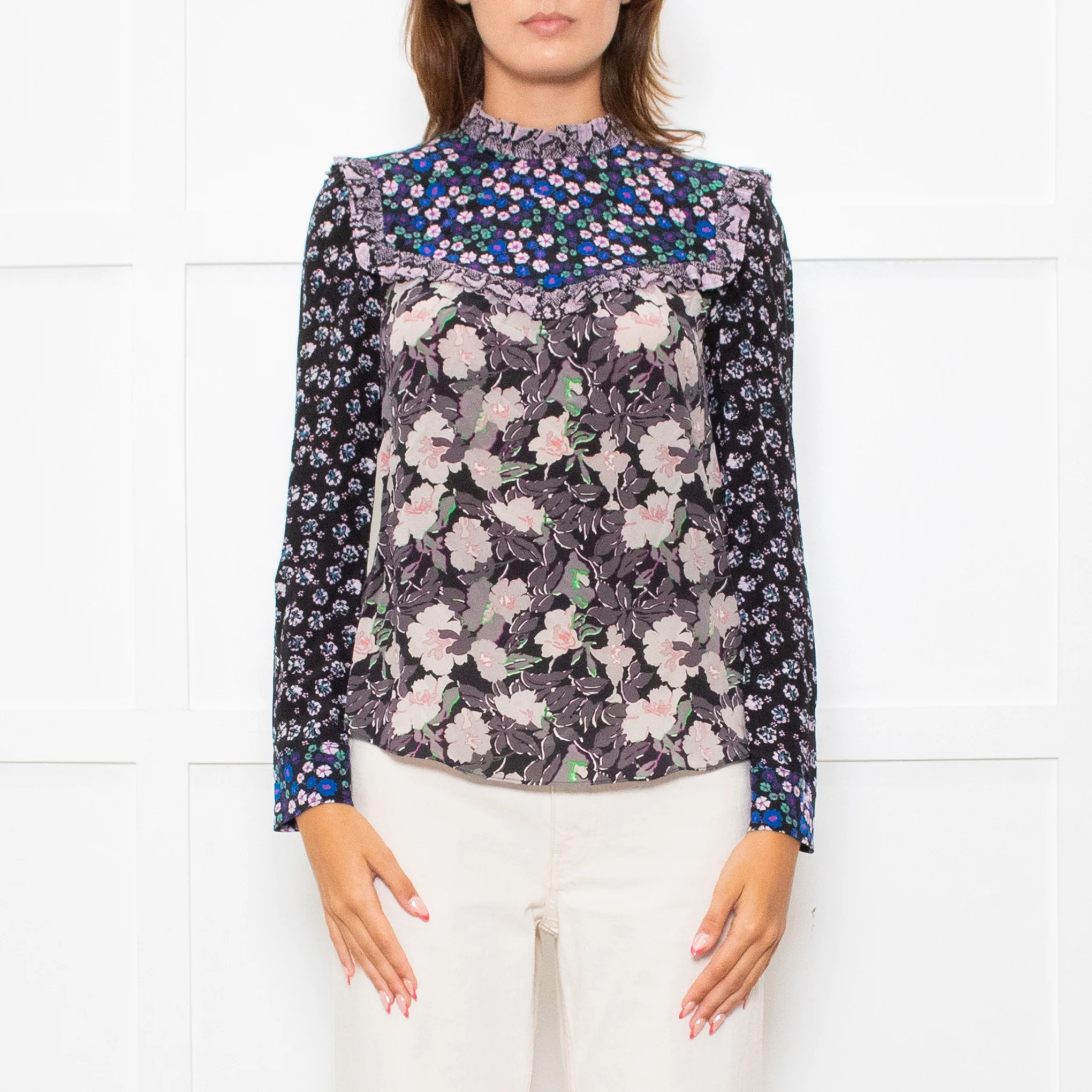 Rebecca Taylor Black Grey Pink Floral Back Buttons Frill Detail Top - Image 2