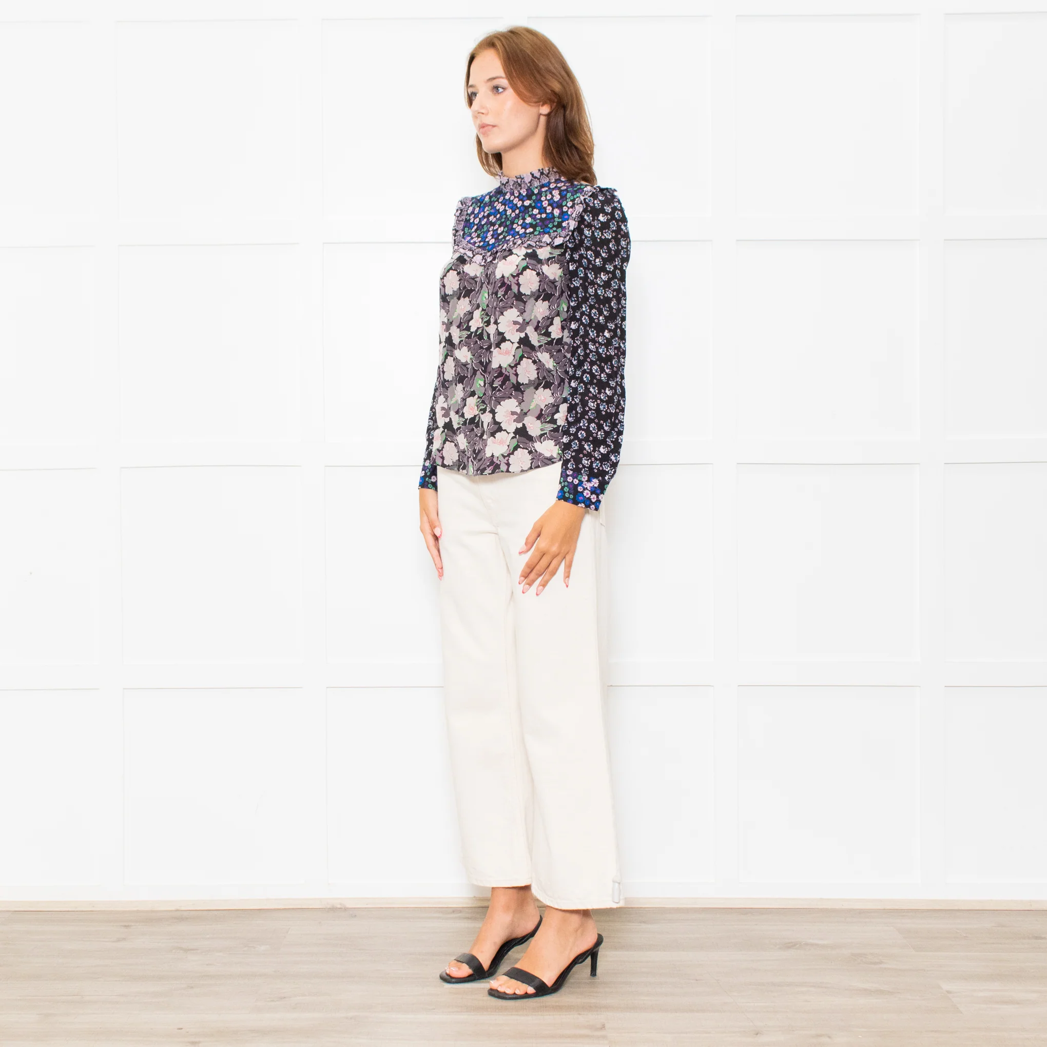 Rebecca Taylor Black Grey Pink Floral Back Buttons Frill Detail Top - Image 3