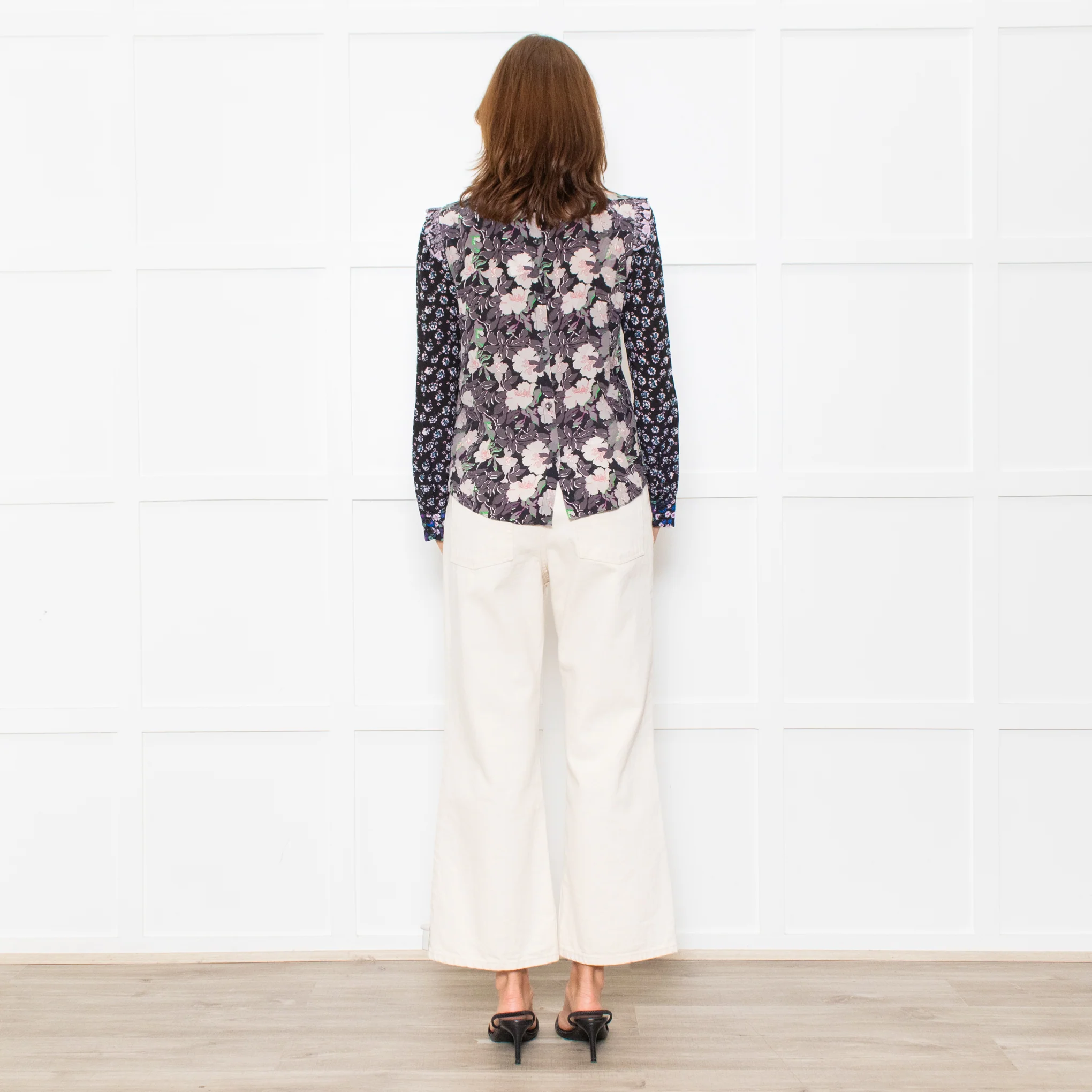 Rebecca Taylor Black Grey Pink Floral Back Buttons Frill Detail Top - Image 5