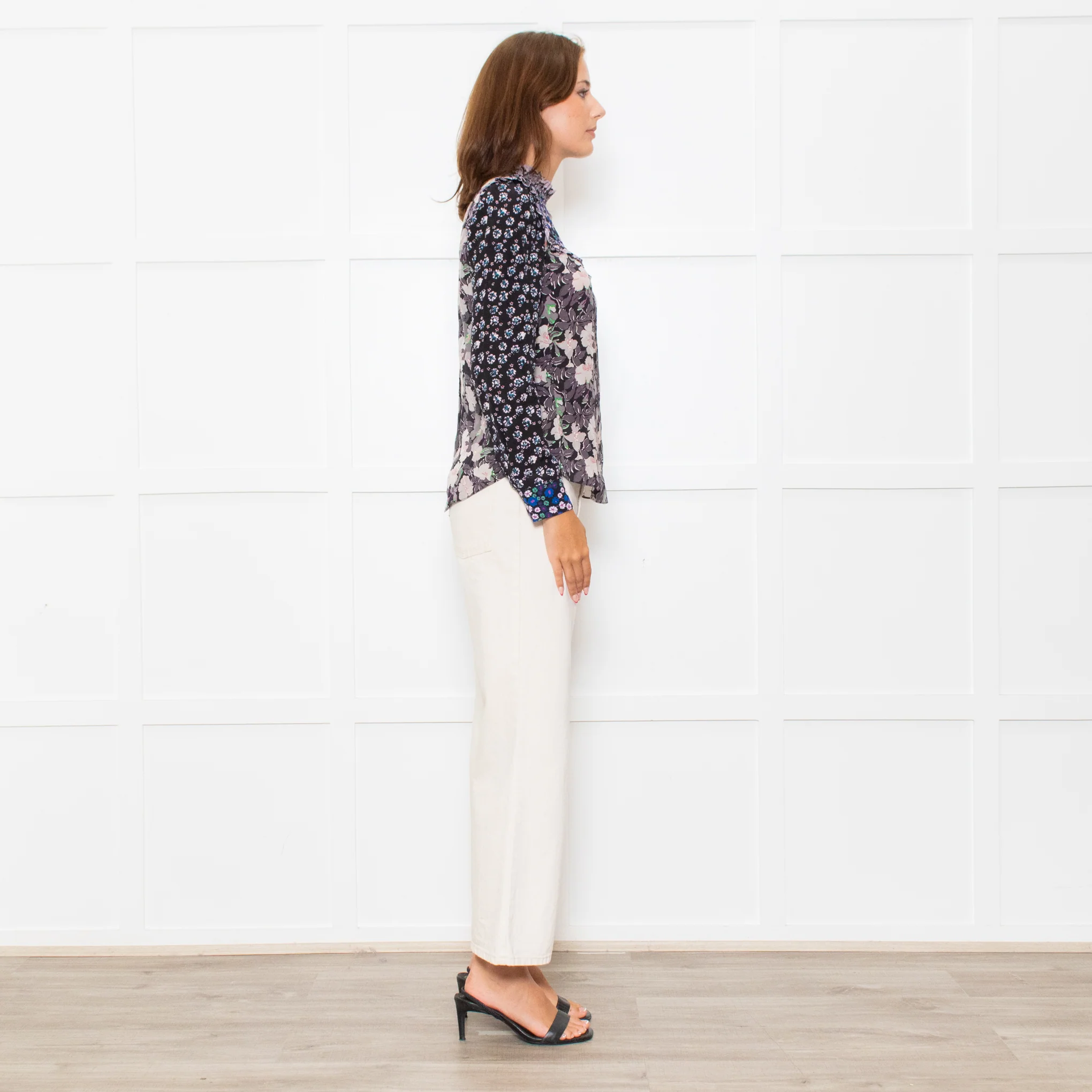 Rebecca Taylor Black Grey Pink Floral Back Buttons Frill Detail Top - Image 6