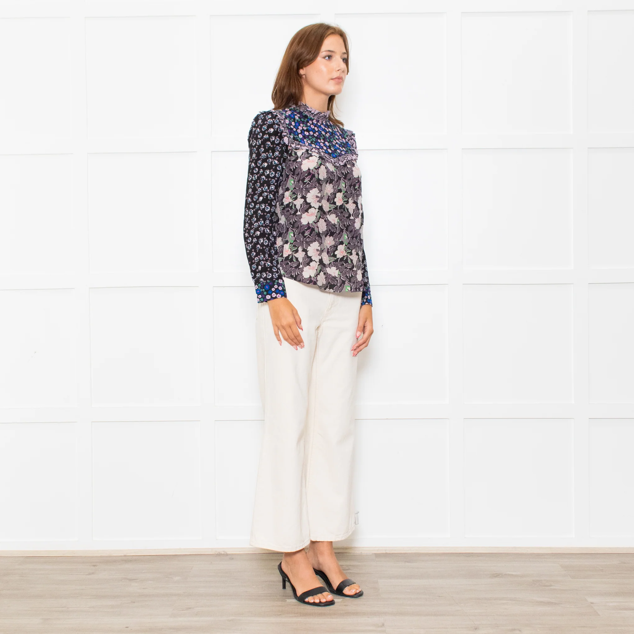 Rebecca Taylor Black Grey Pink Floral Back Buttons Frill Detail Top - Image 7