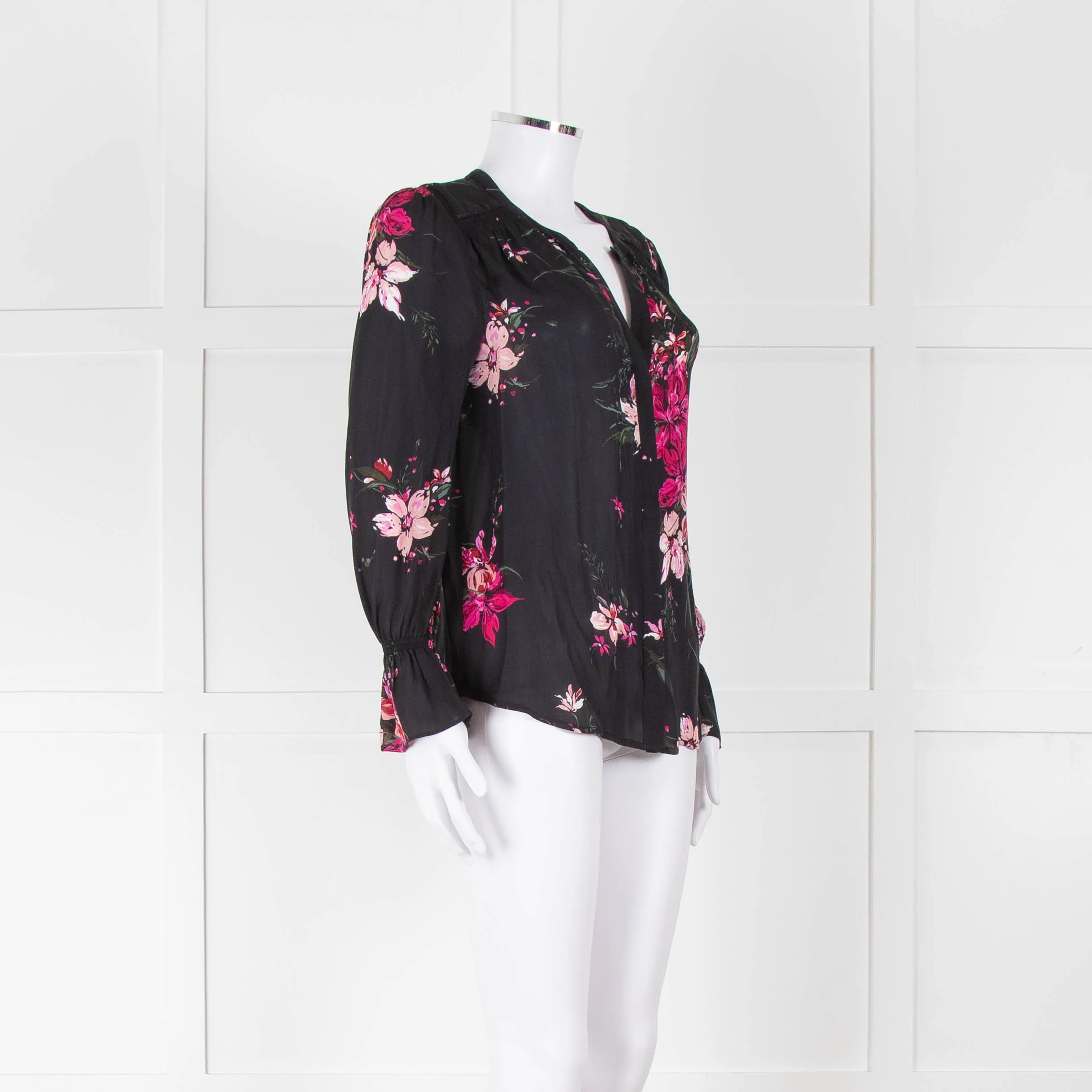 Joie Black Silk Blouse with Pink Flowers - Image 2