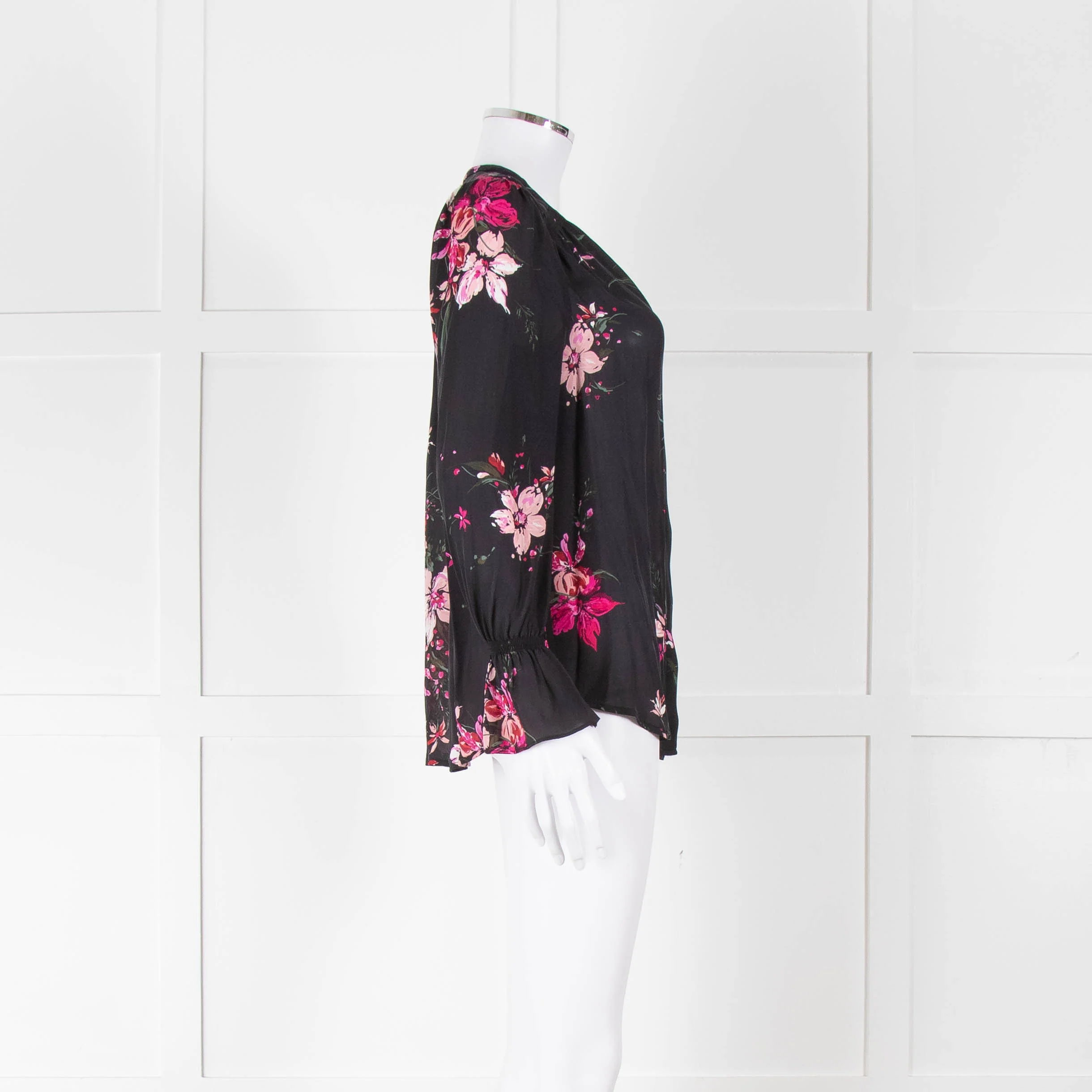 Joie Black Silk Blouse with Pink Flowers - Image 3