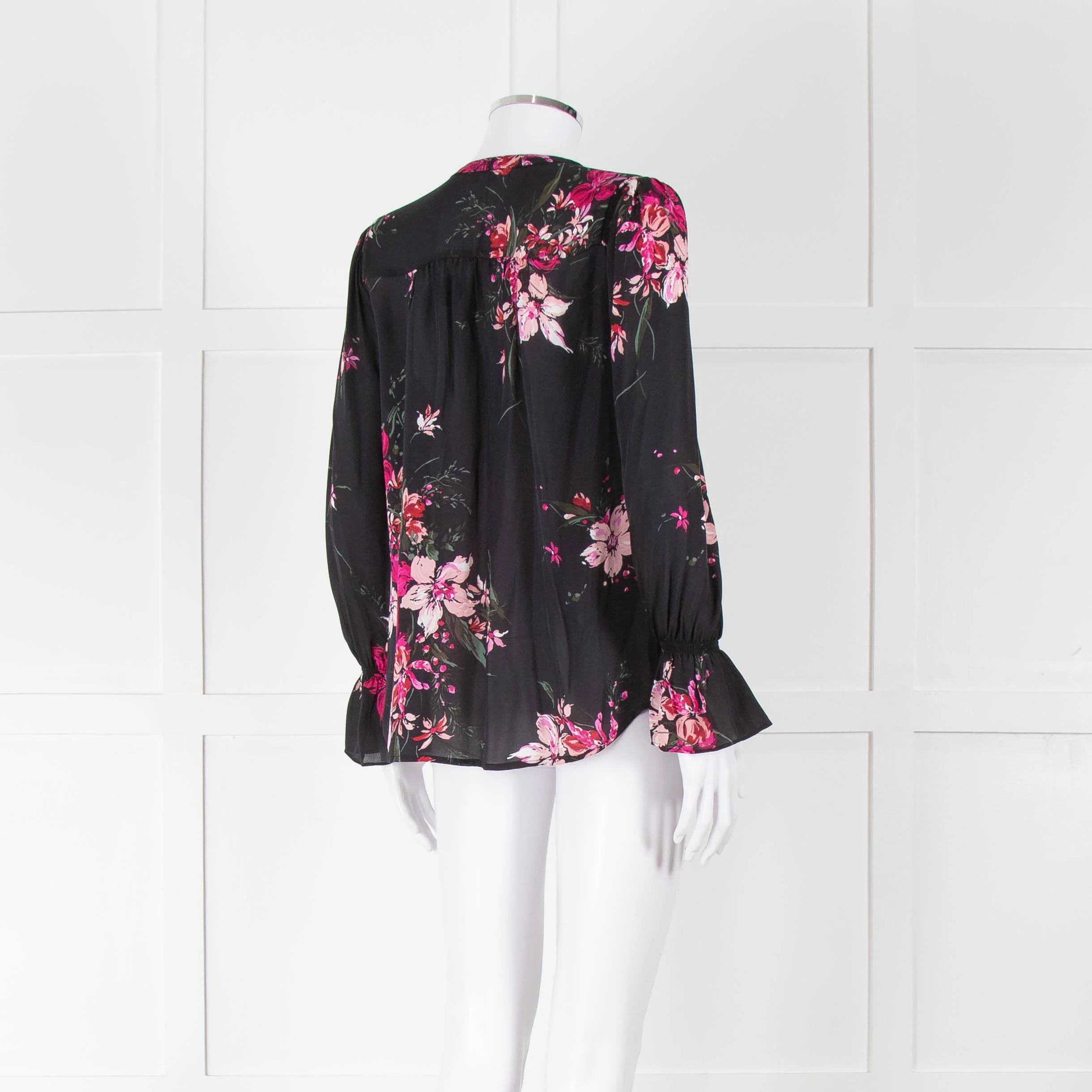 Joie Black Silk Blouse with Pink Flowers - Image 4