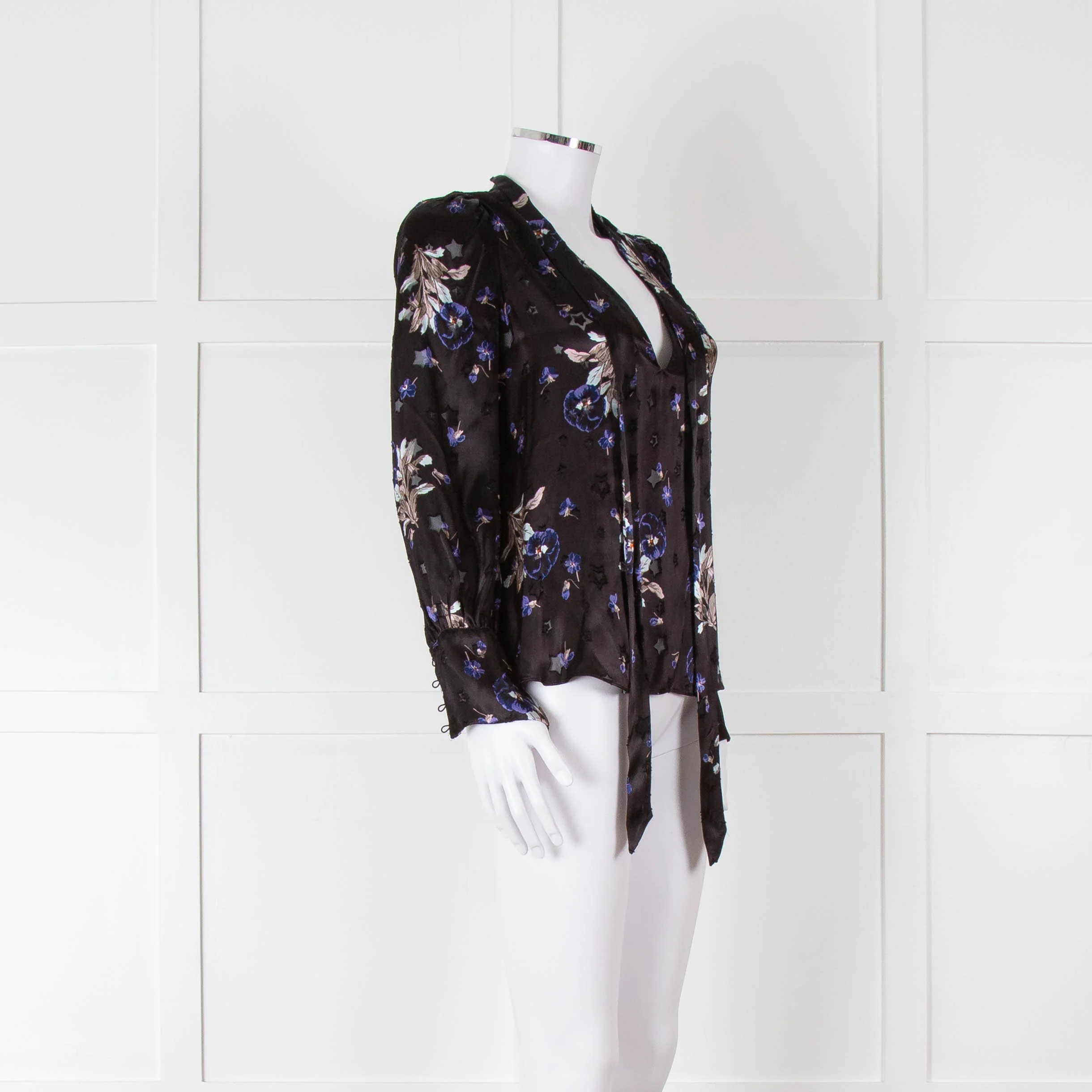 Rebecca Taylor Black Silk Blouse with Tie Neck and Puff Shoulders - Image 2