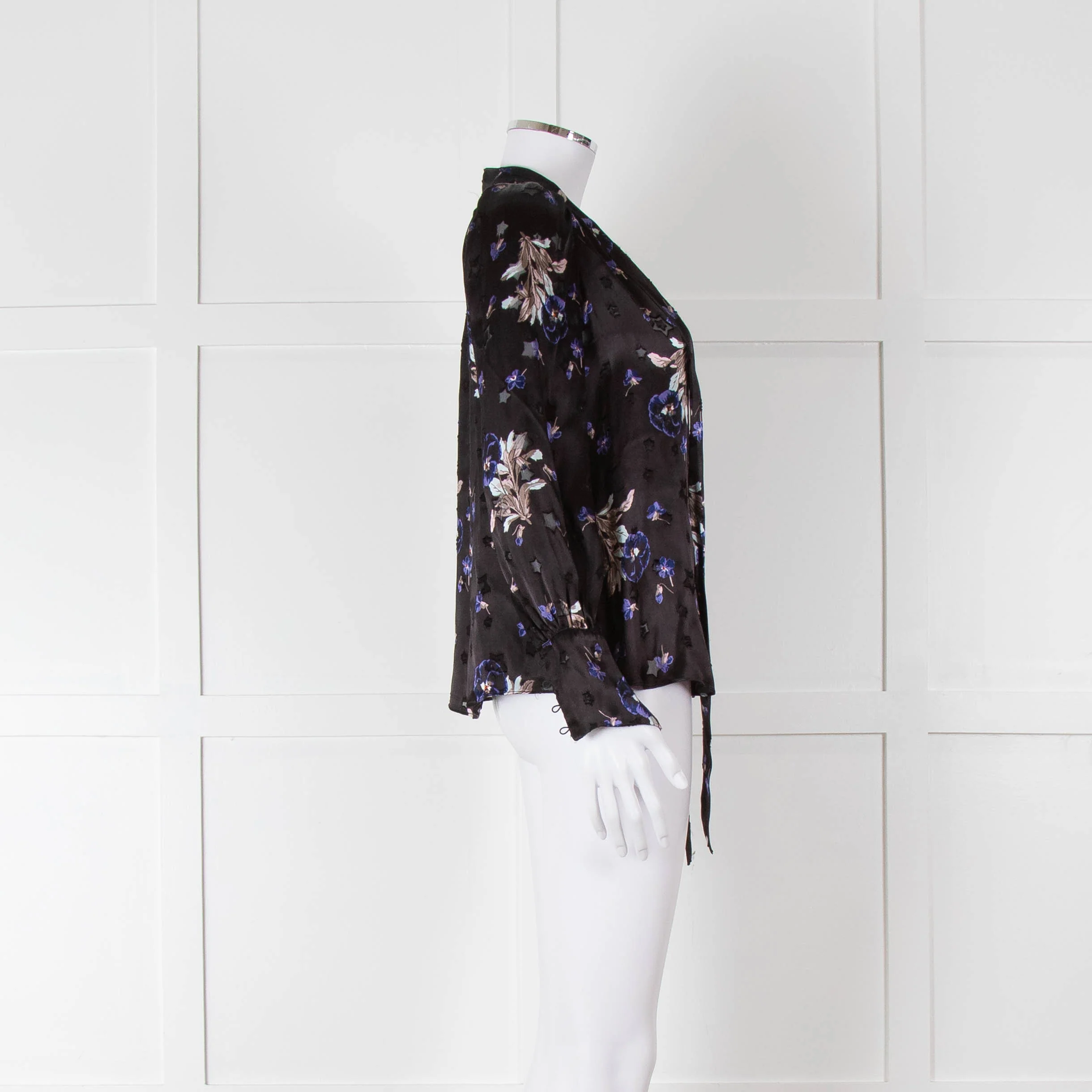 Rebecca Taylor Black Silk Blouse with Tie Neck and Puff Shoulders - Image 3