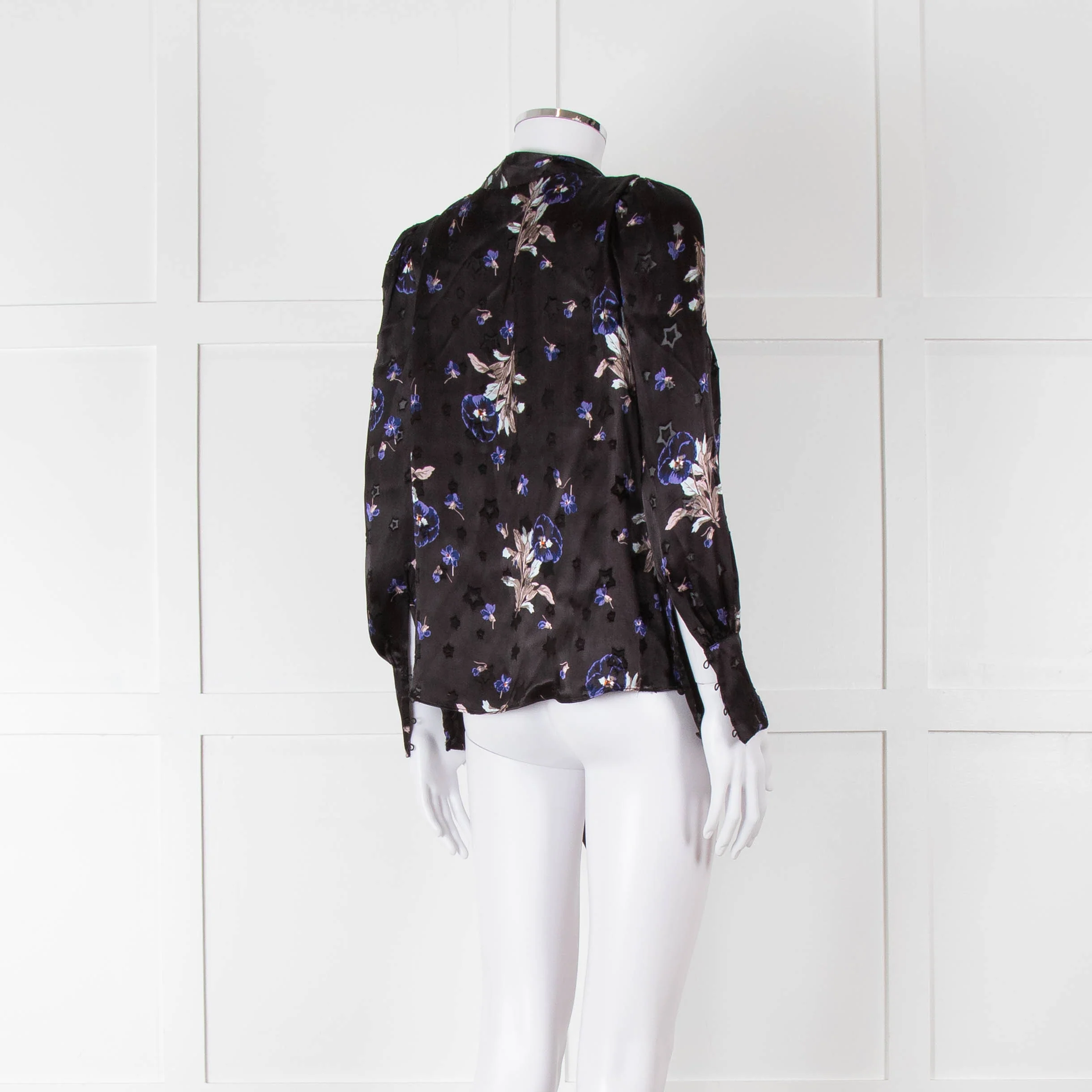 Rebecca Taylor Black Silk Blouse with Tie Neck and Puff Shoulders - Image 4