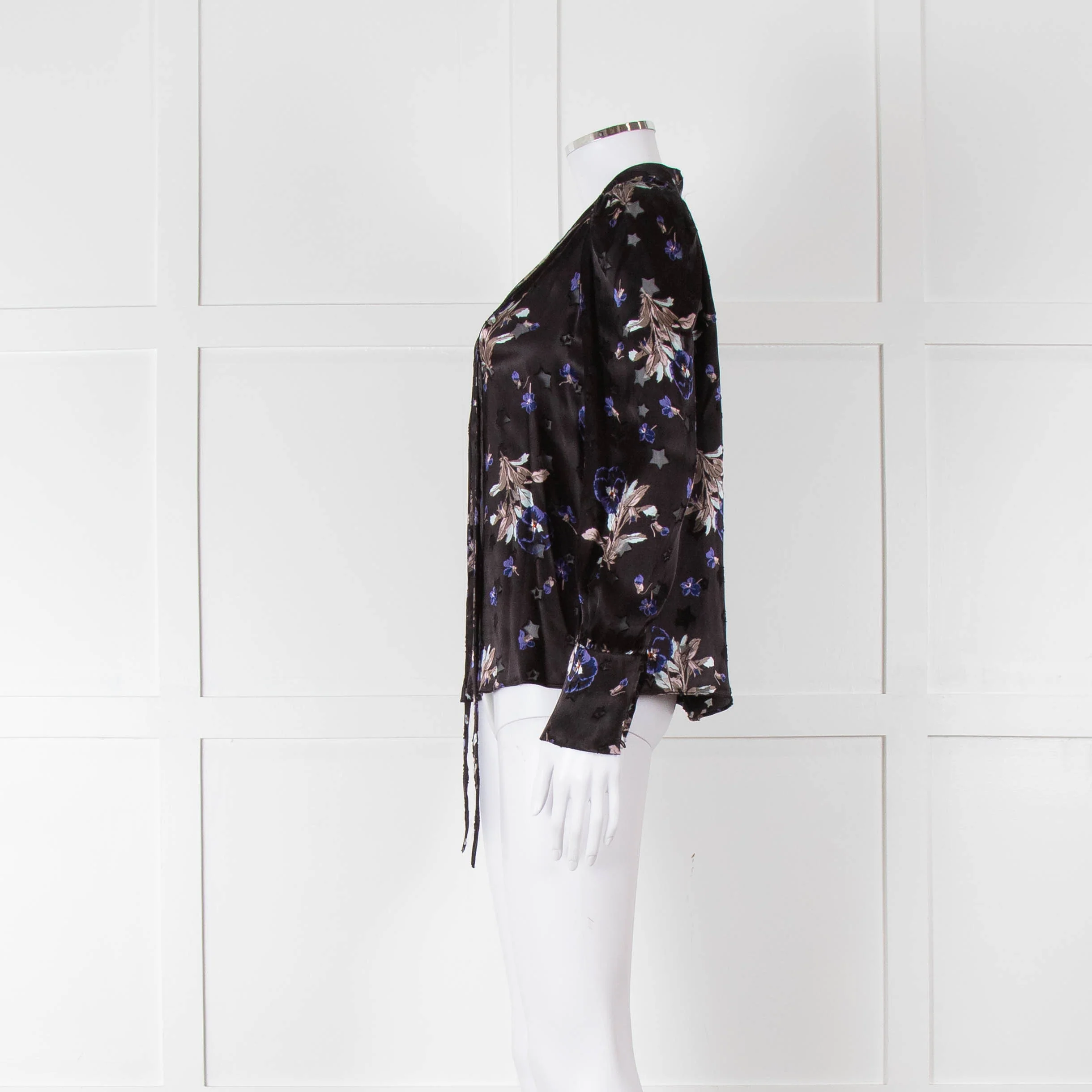 Rebecca Taylor Black Silk Blouse with Tie Neck and Puff Shoulders - Image 7