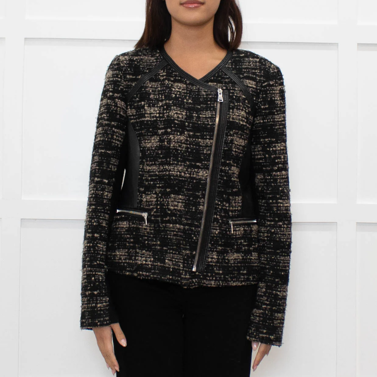 Rebecca Taylor Brown and Black Tweed Zip Jacket with Leather Trim - Image 2