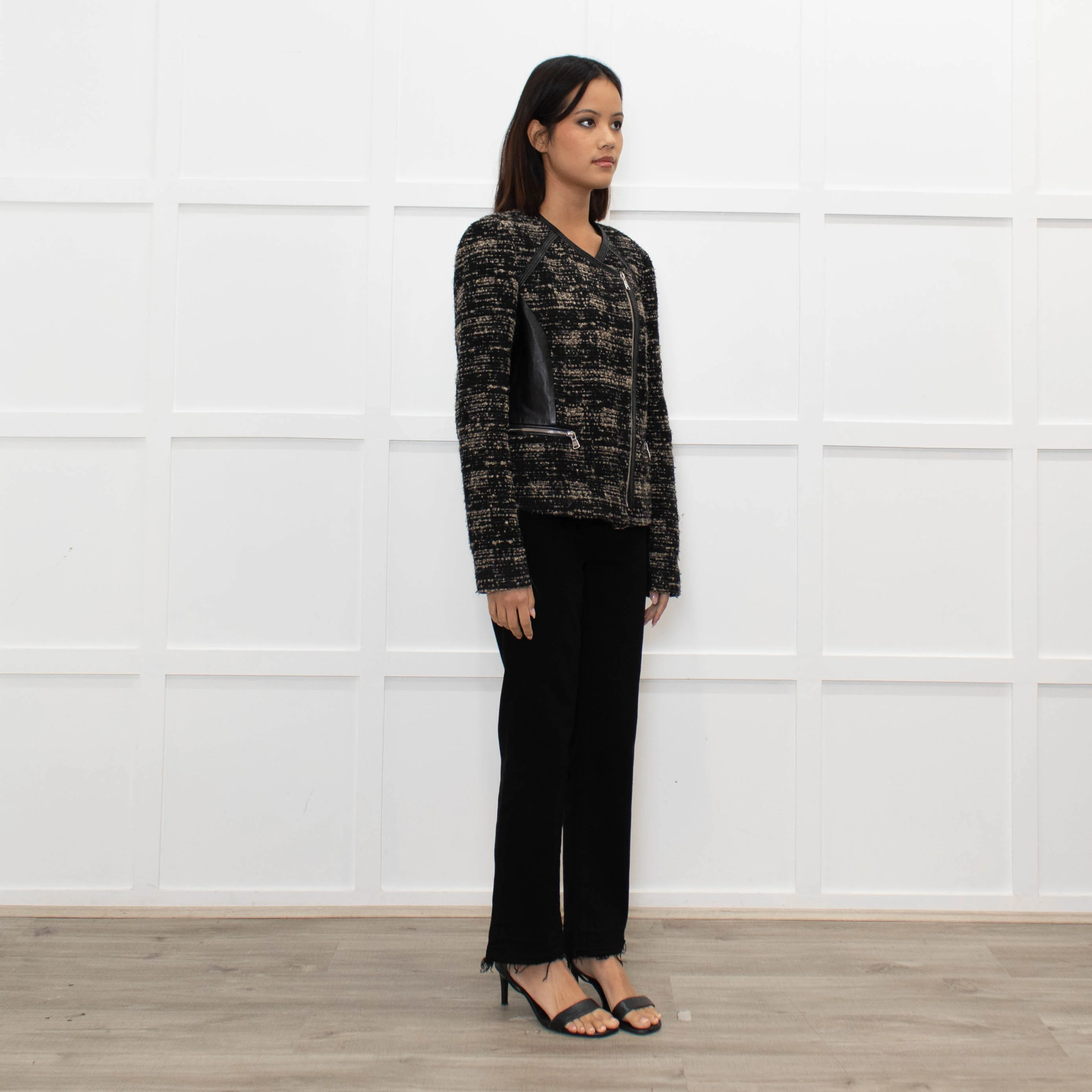Rebecca Taylor Brown and Black Tweed Zip Jacket with Leather Trim - Image 3