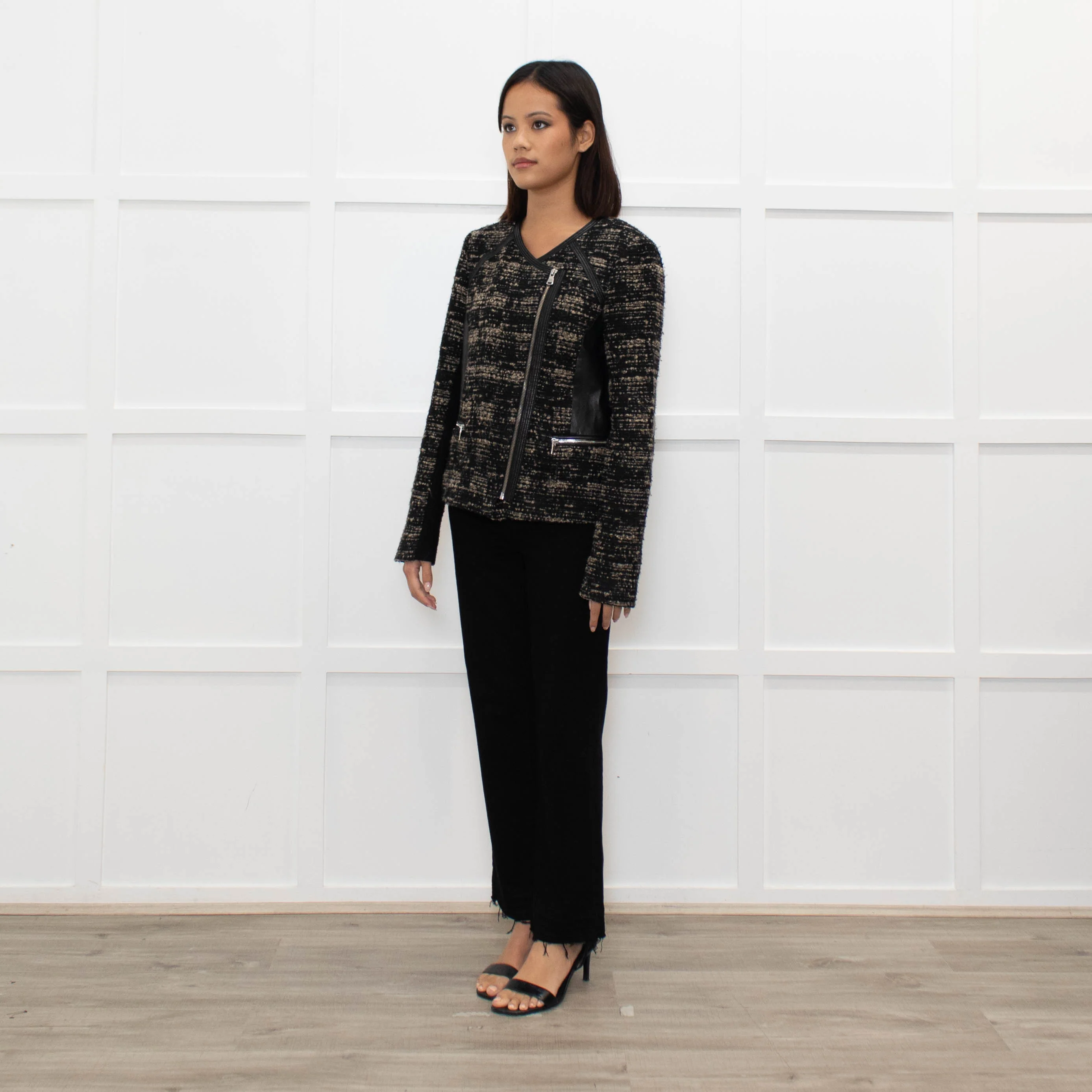 Rebecca Taylor Brown and Black Tweed Zip Jacket with Leather Trim - Image 7