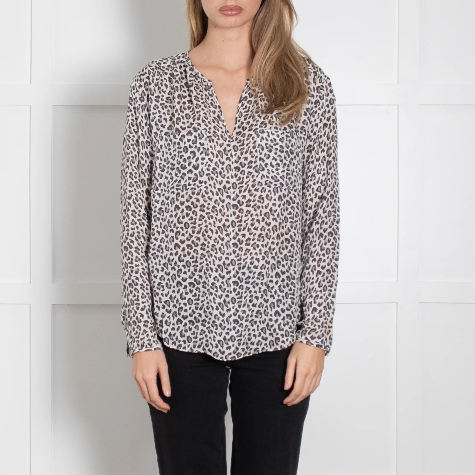 Rebecca Taylor Cream Grey Animal Print Silk Blouse - Image 2
