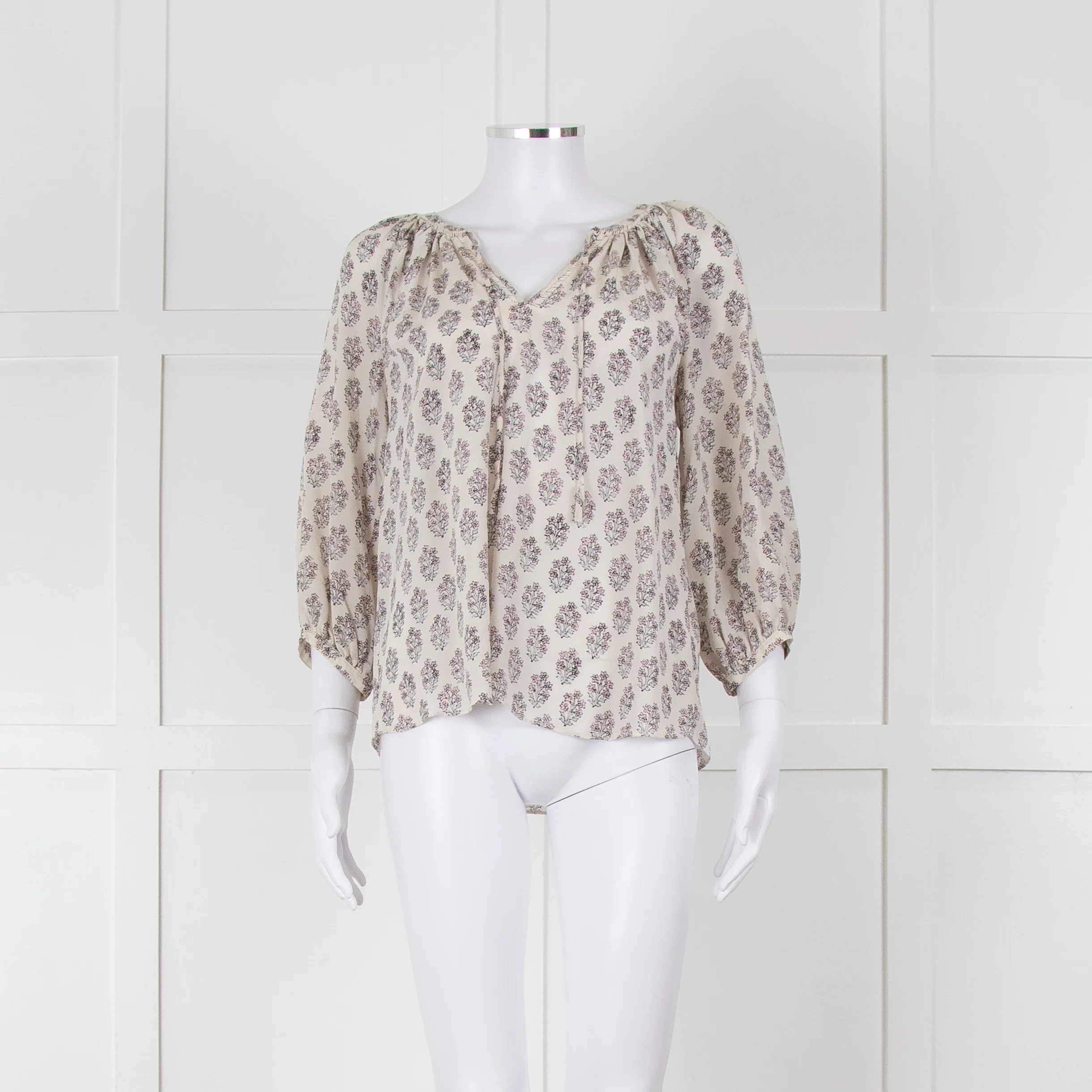 Rebecca Taylor Cream Pink Grey Silk Floral Print Tie Front Blouse