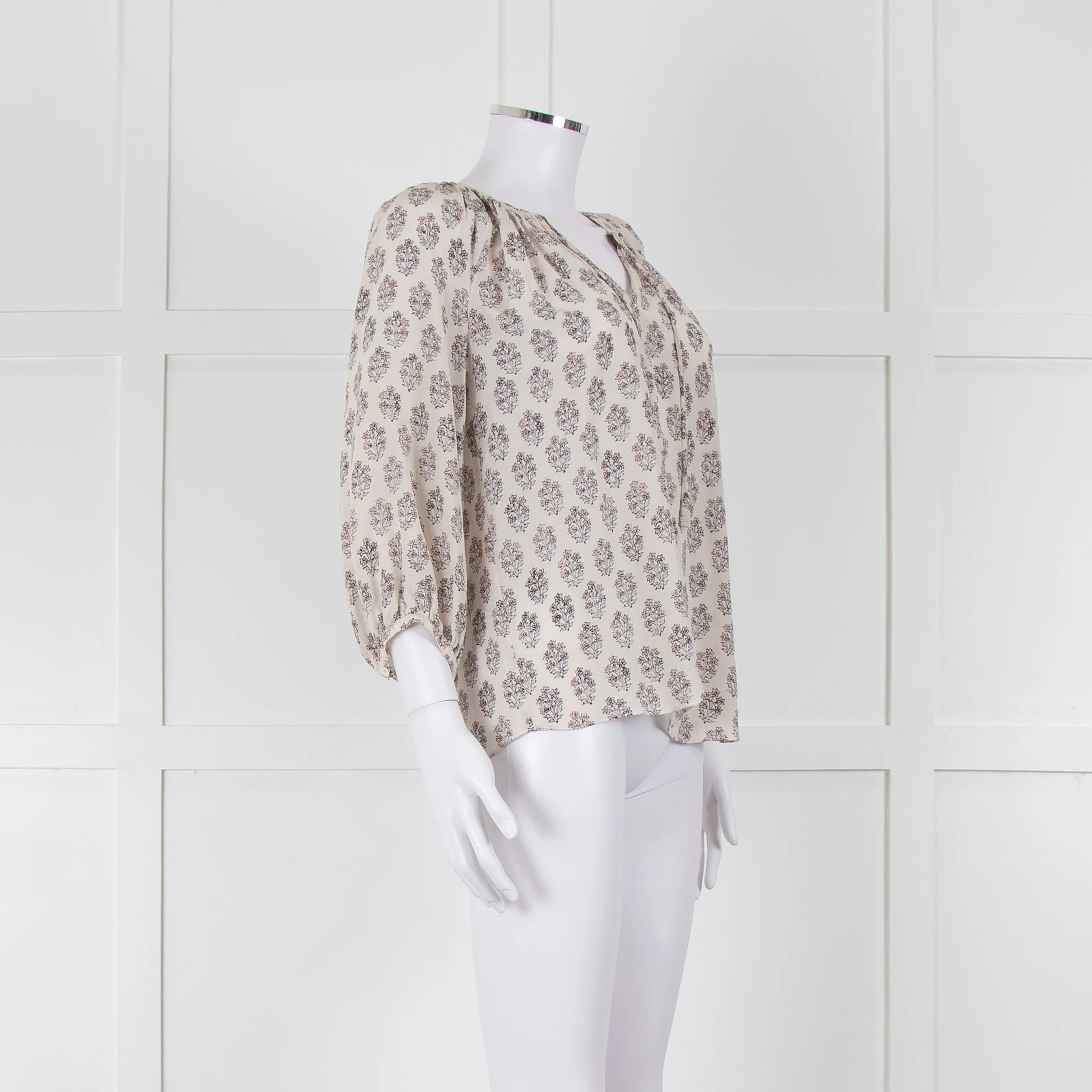 Rebecca Taylor Cream Pink Grey Silk Floral Print Tie Front Blouse - Image 2