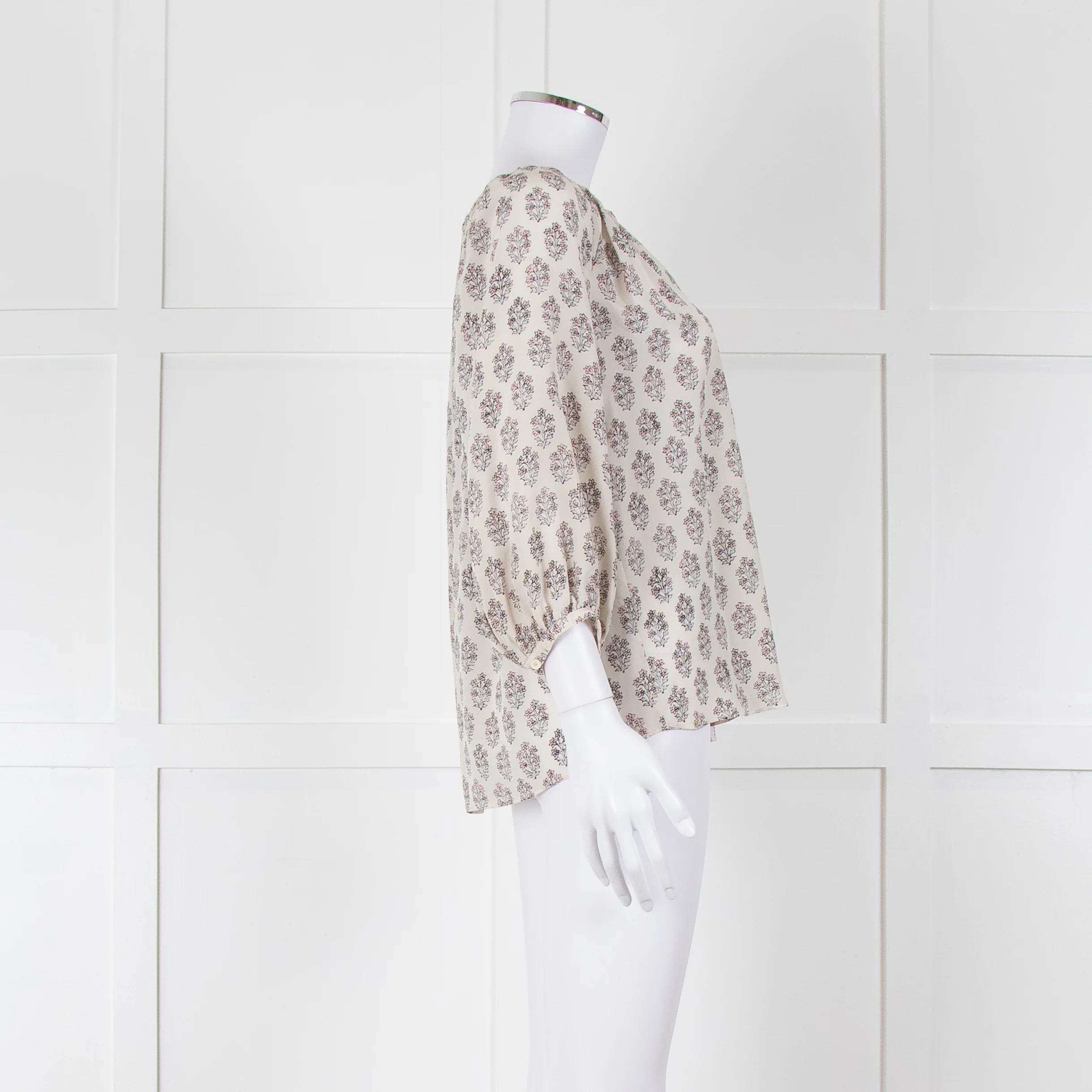 Rebecca Taylor Cream Pink Grey Silk Floral Print Tie Front Blouse - Image 3