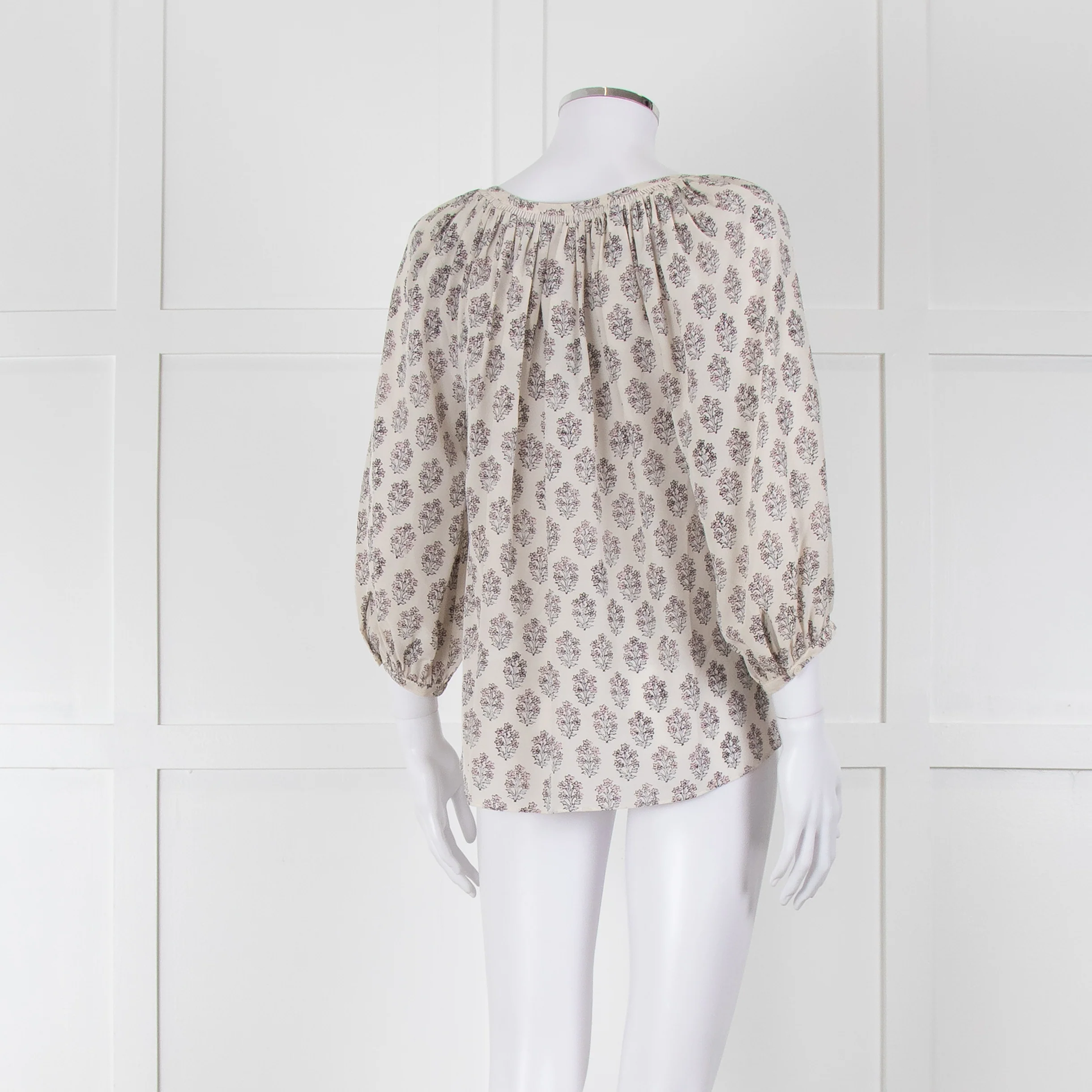 Rebecca Taylor Cream Pink Grey Silk Floral Print Tie Front Blouse - Image 4