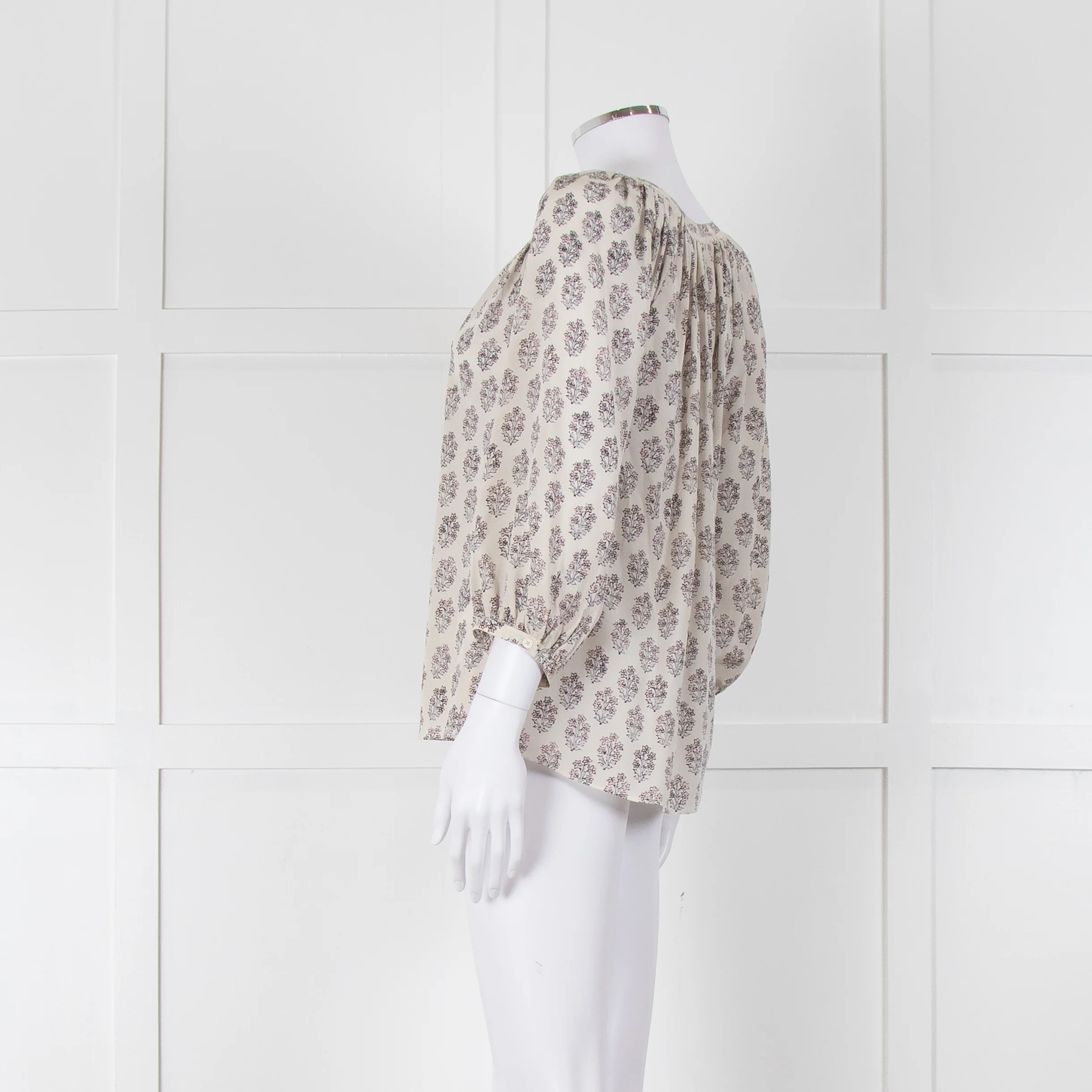 Rebecca Taylor Cream Pink Grey Silk Floral Print Tie Front Blouse - Image 6
