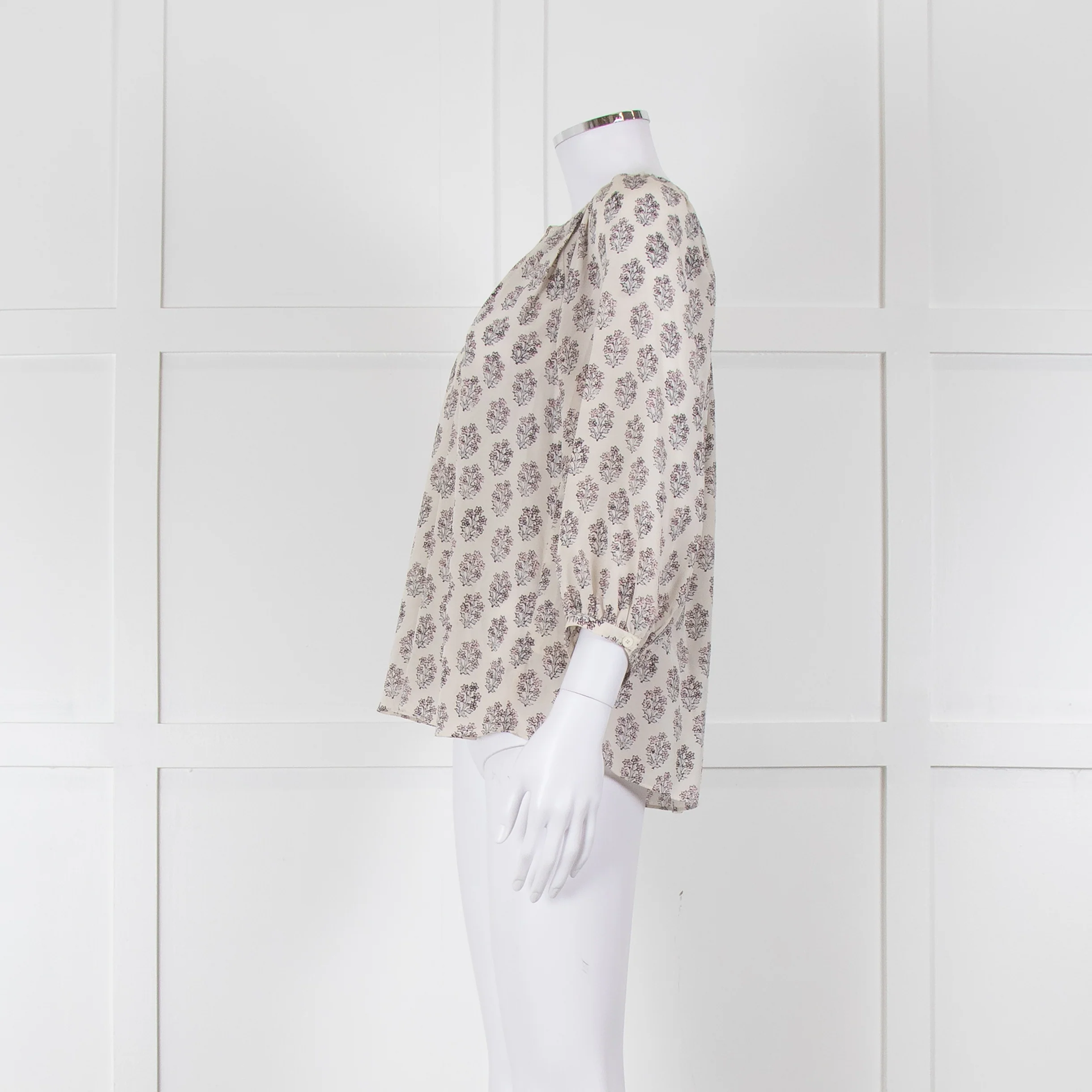 Rebecca Taylor Cream Pink Grey Silk Floral Print Tie Front Blouse - Image 7