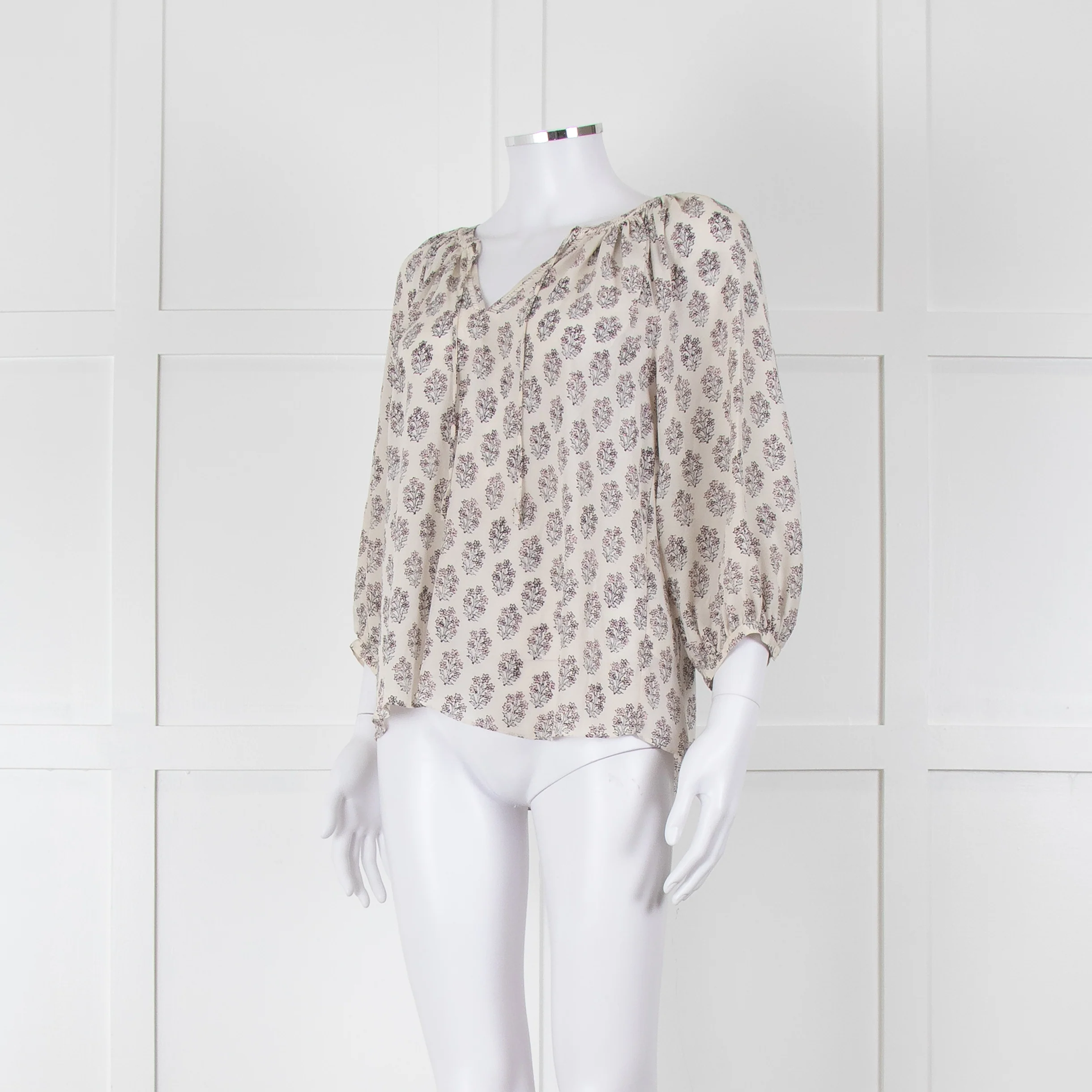 Rebecca Taylor Cream Pink Grey Silk Floral Print Tie Front Blouse - Image 8