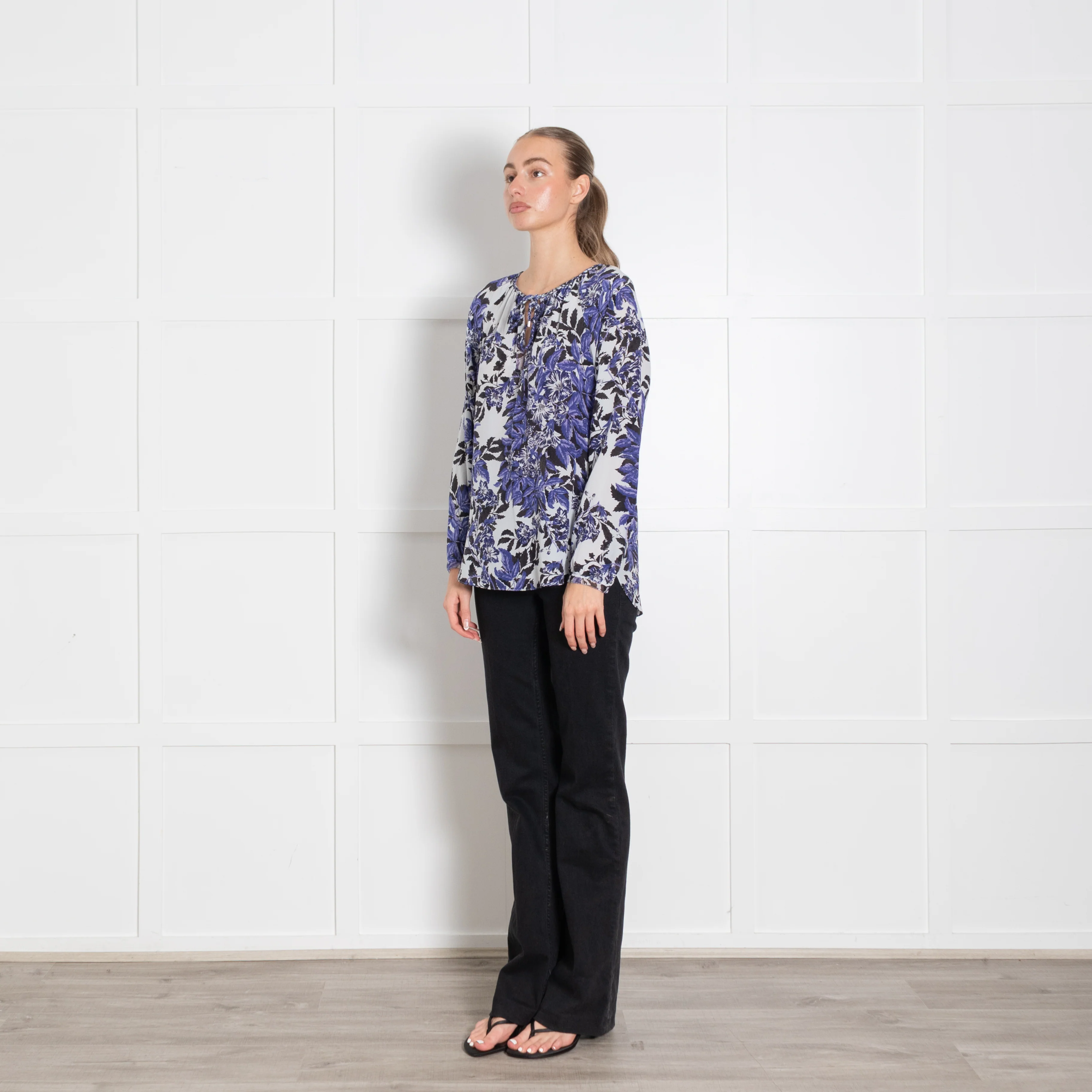 Rebecca Taylor Cream Purple Black Floral Silk Blouse - Image 3