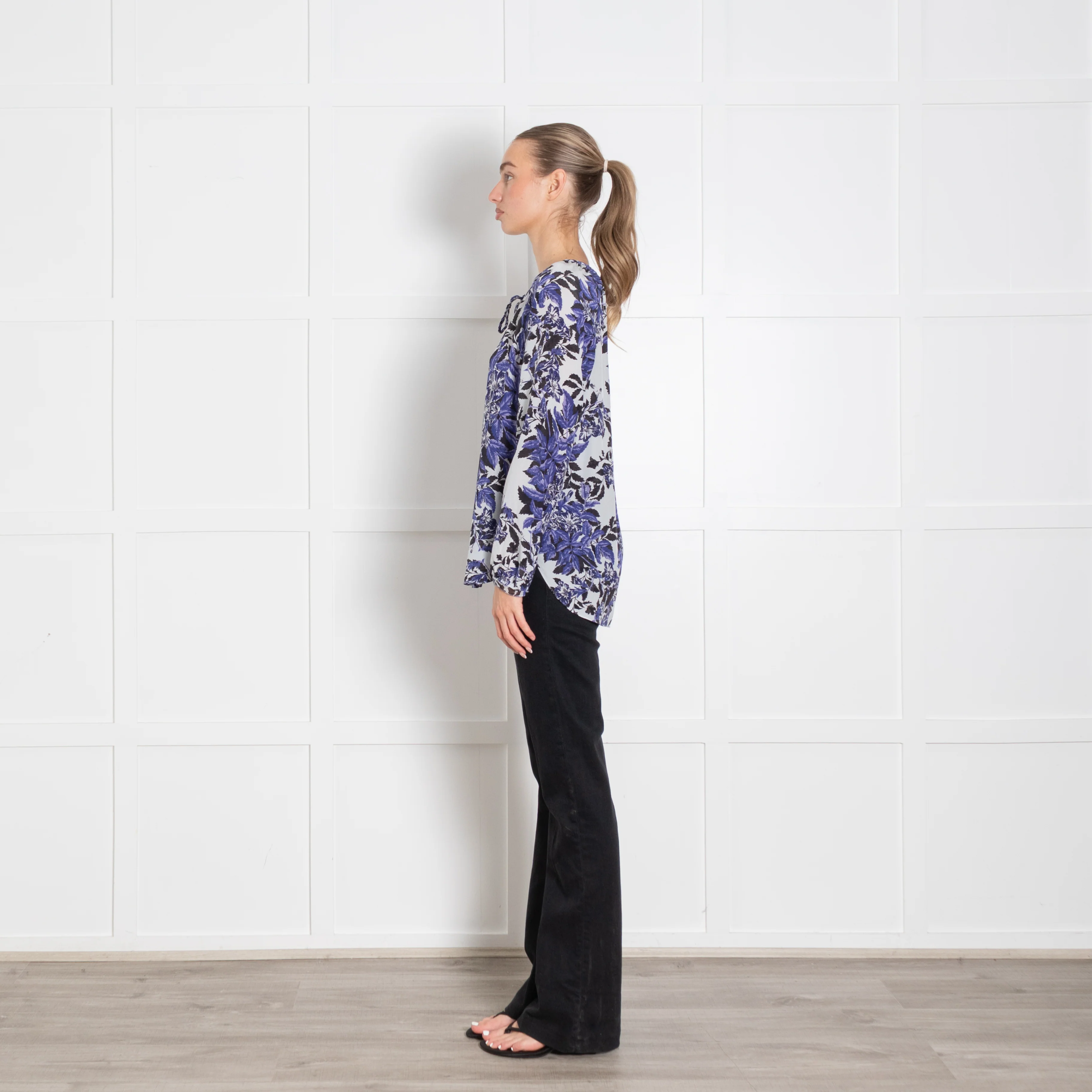 Rebecca Taylor Cream Purple Black Floral Silk Blouse - Image 4