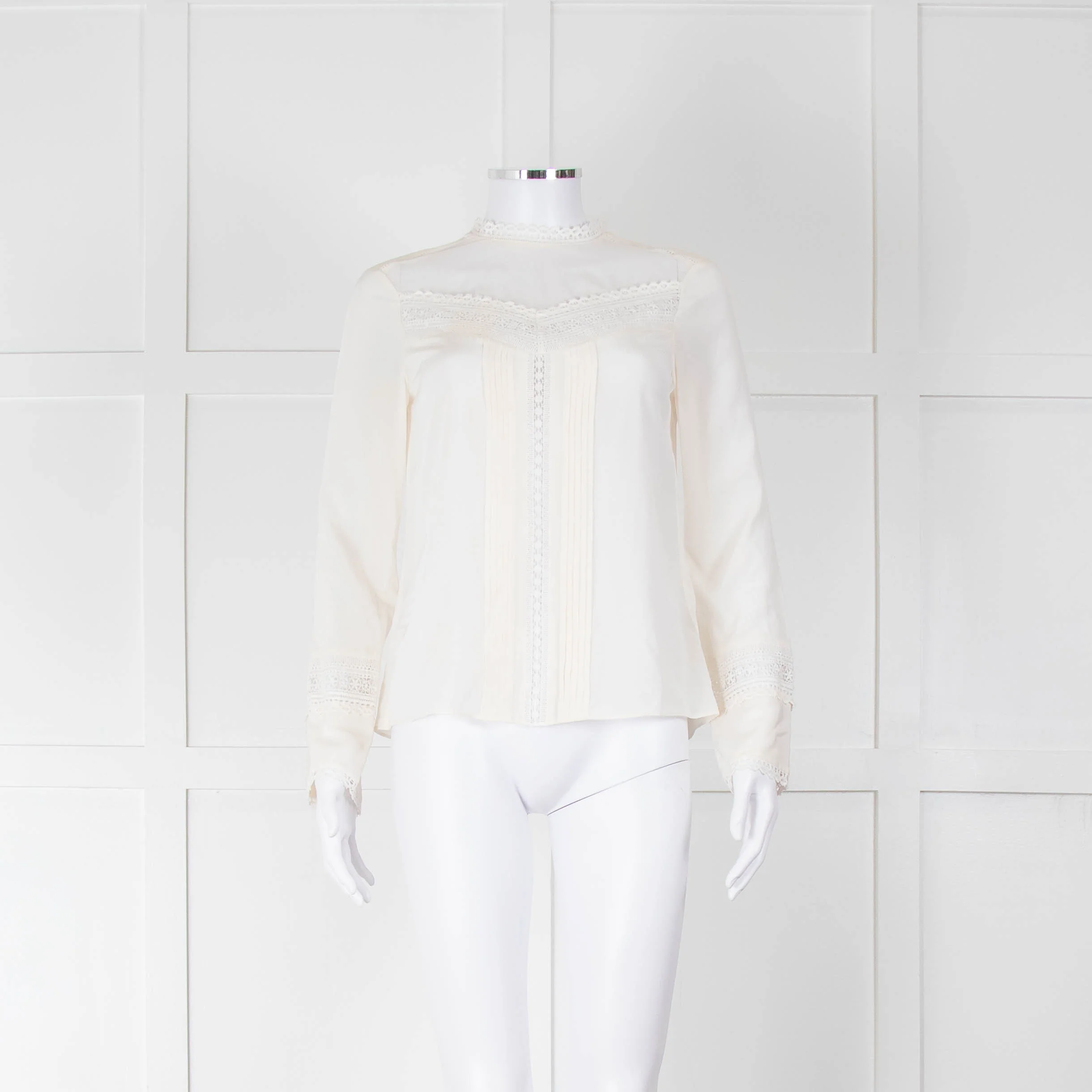 Rebecca Taylor Cream Silk Lace Detail Long Sleeve Top
