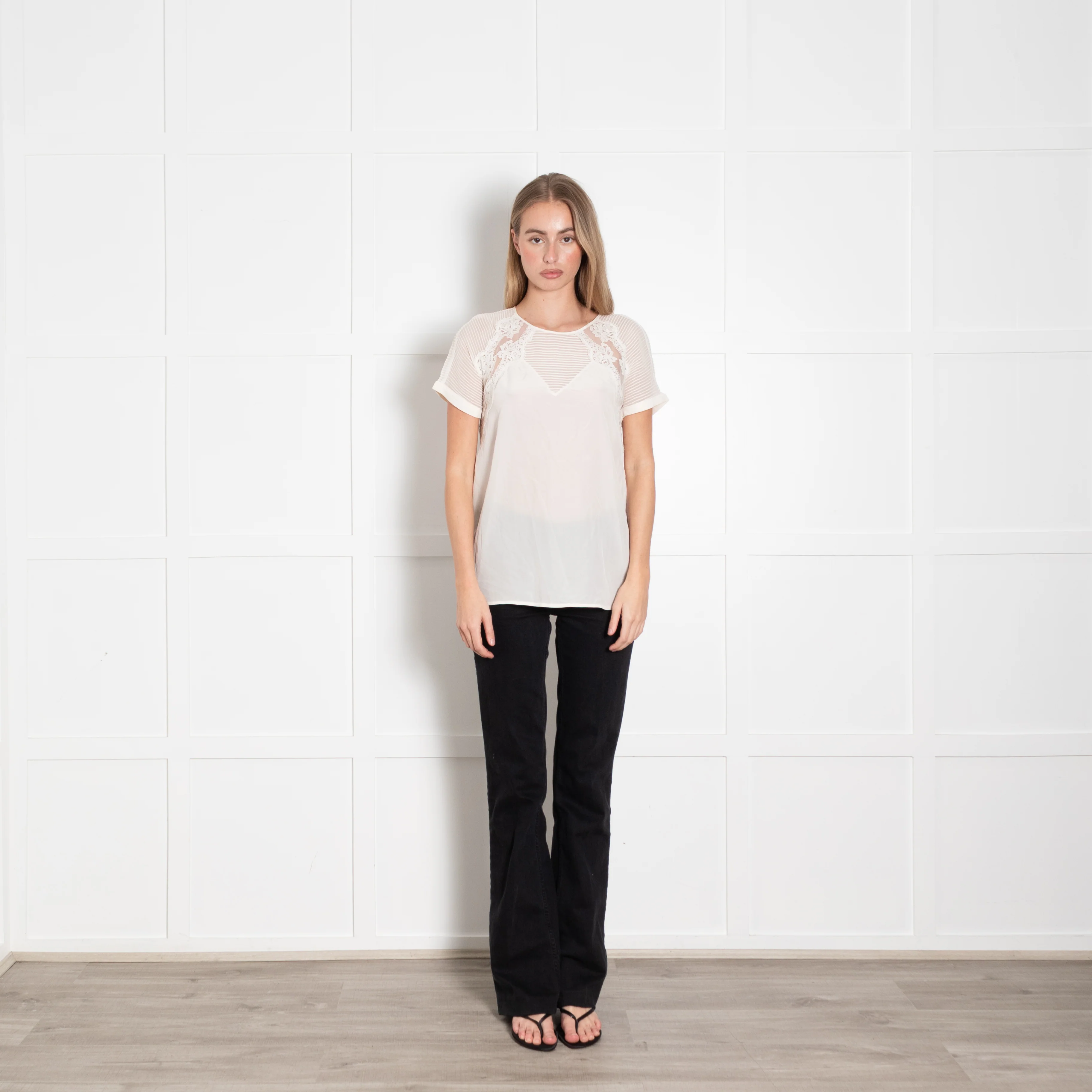 Rebecca Taylor Cream Silk Pin Tuck Lace Detail Top