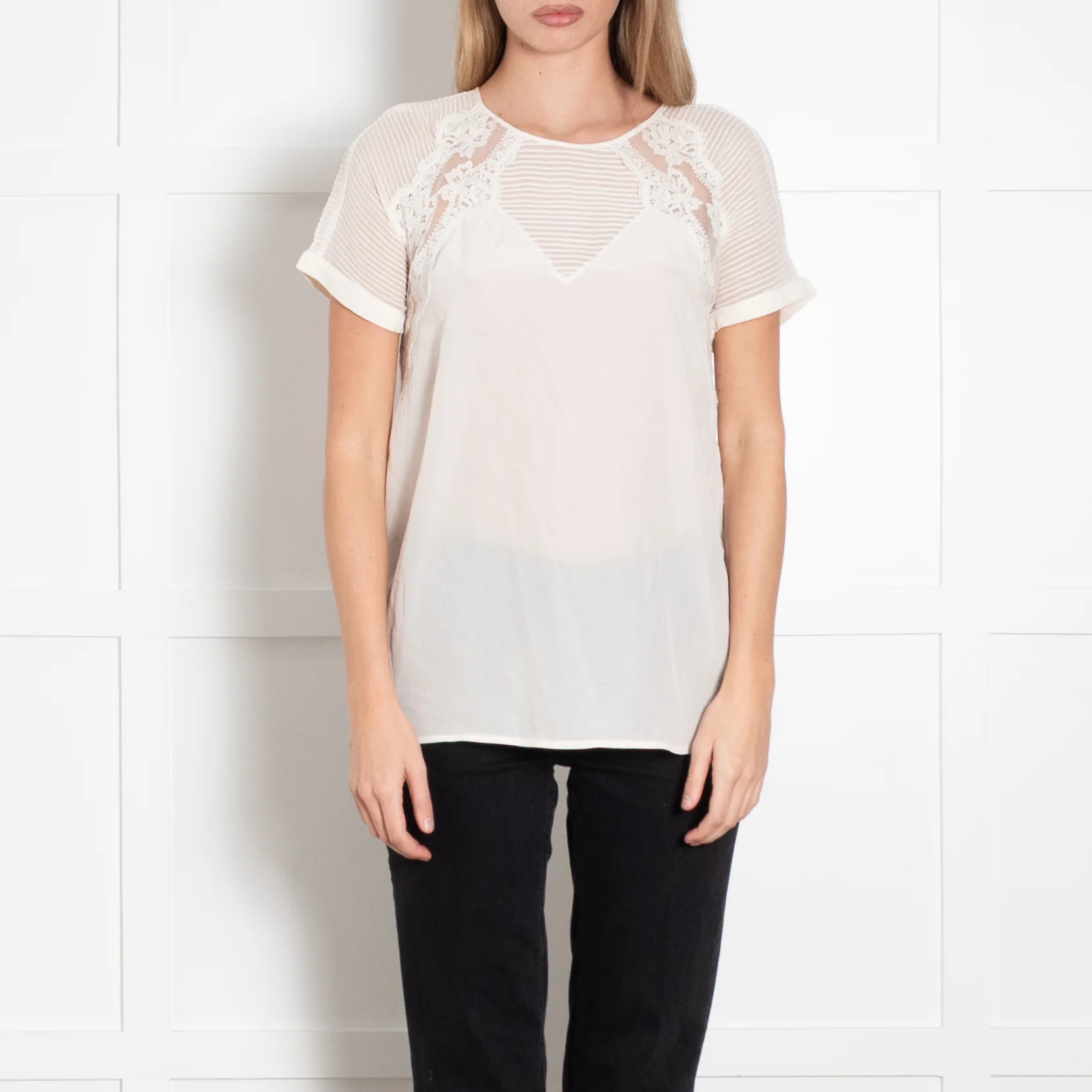 Rebecca Taylor Cream Silk Pin Tuck Lace Detail Top - Image 2