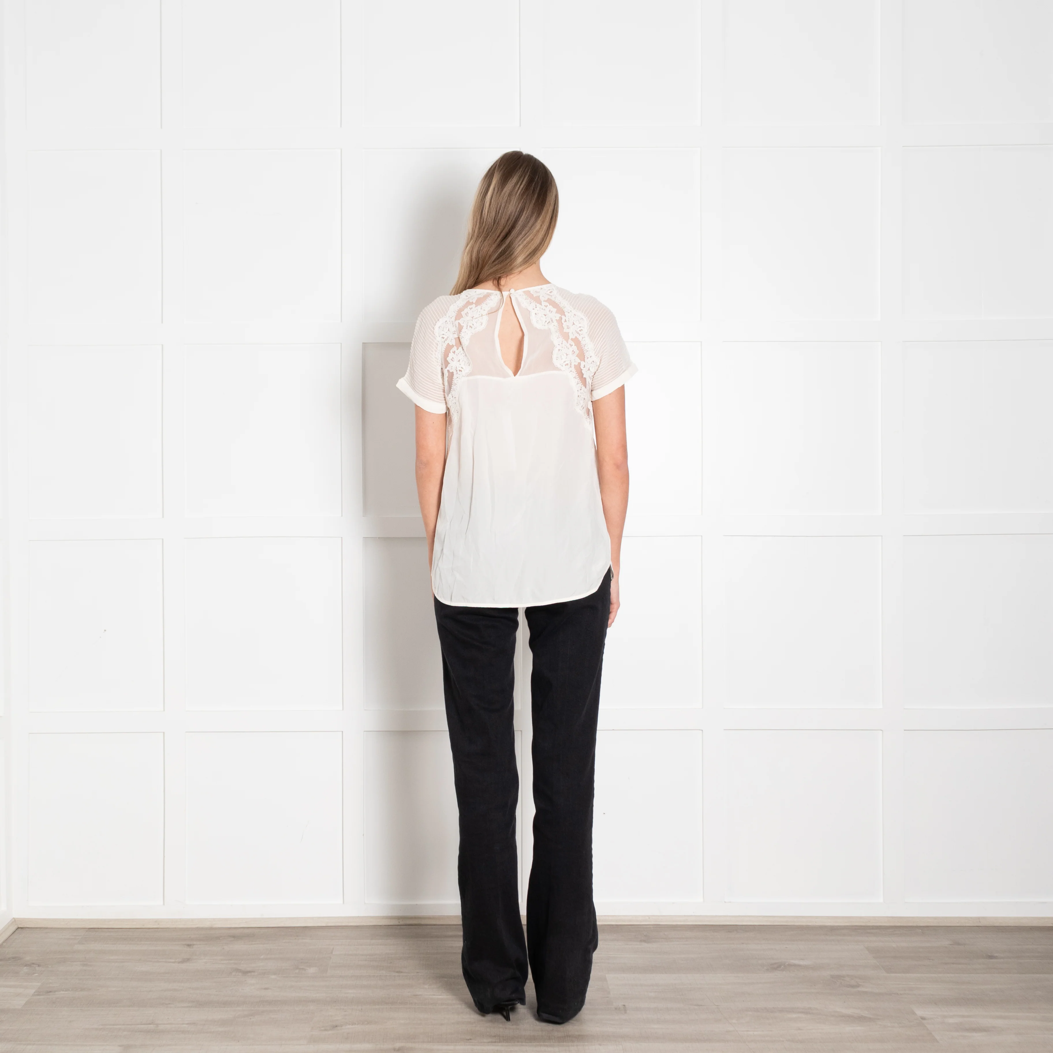 Rebecca Taylor Cream Silk Pin Tuck Lace Detail Top - Image 5