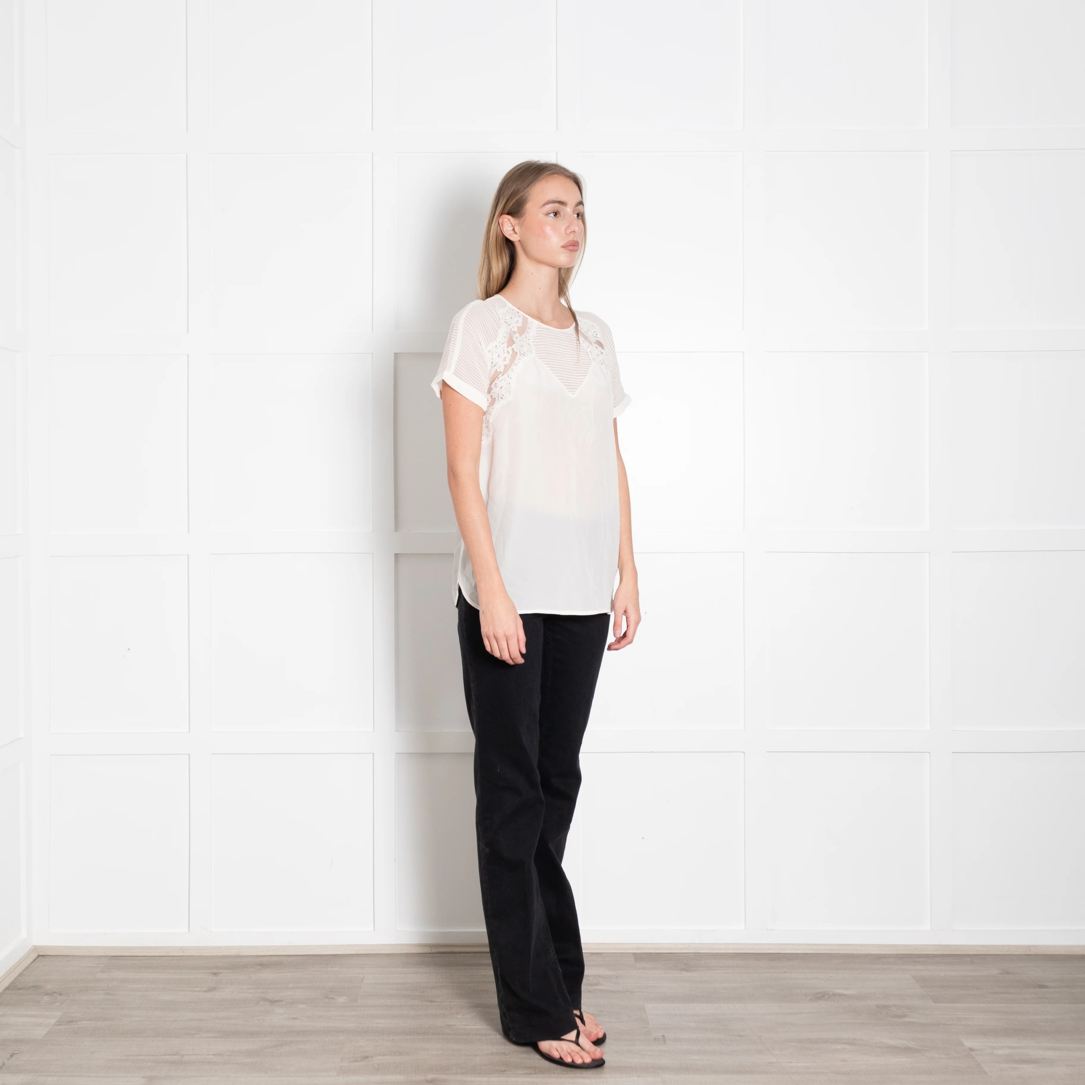 Rebecca Taylor Cream Silk Pin Tuck Lace Detail Top - Image 7