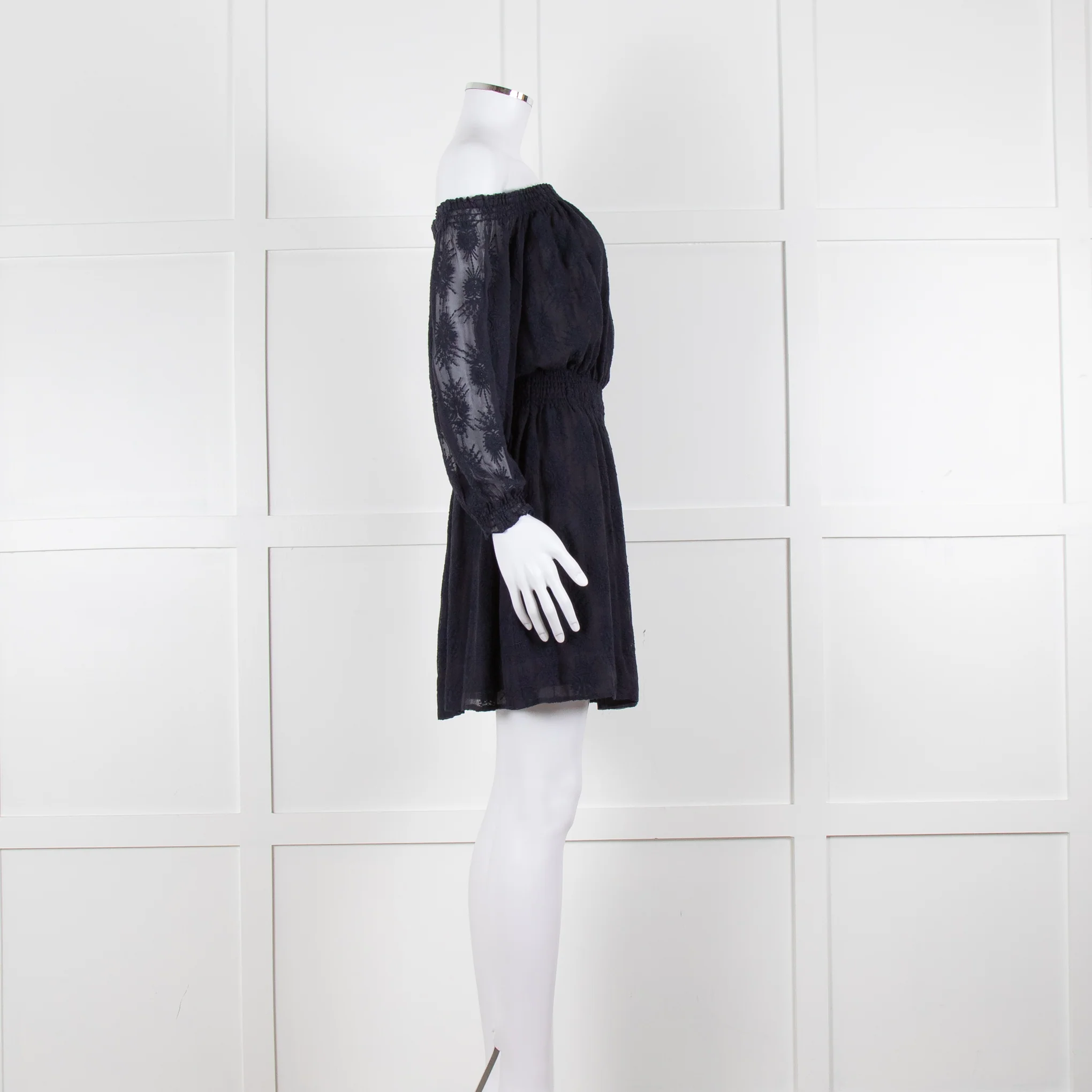 Rebecca Taylor Navy Blue Embroidered Wide Neck Mini Dress - Image 3