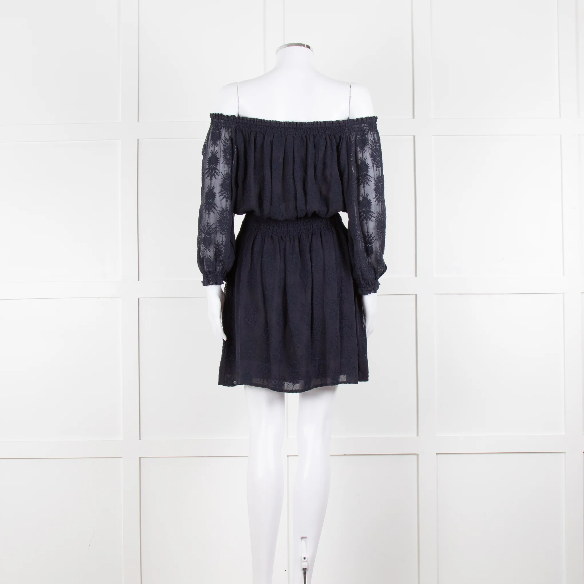 Rebecca Taylor Navy Blue Embroidered Wide Neck Mini Dress - Image 5