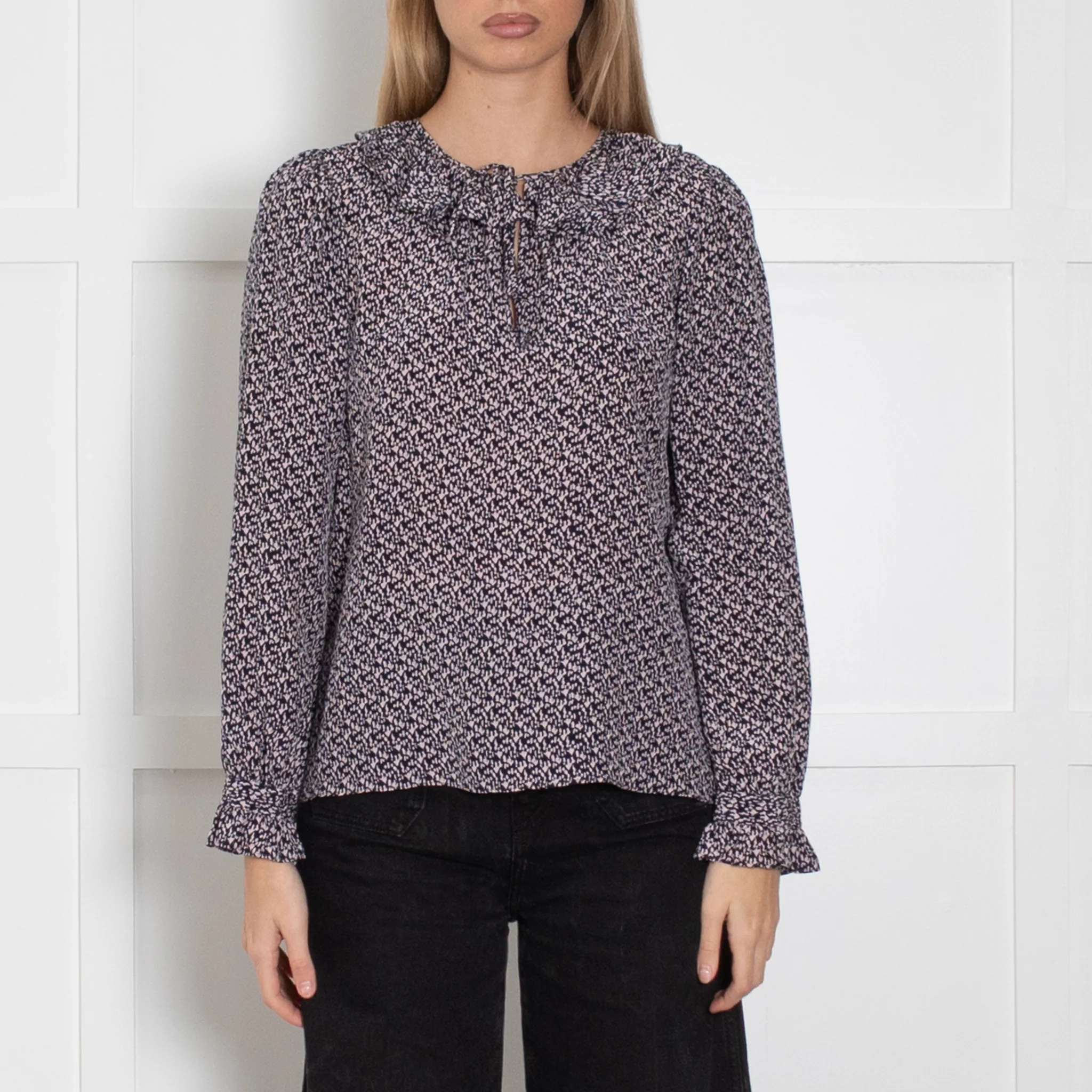 Rebecca Taylor Navy Pink Abstract Print Frill Neck Blouse - Image 2