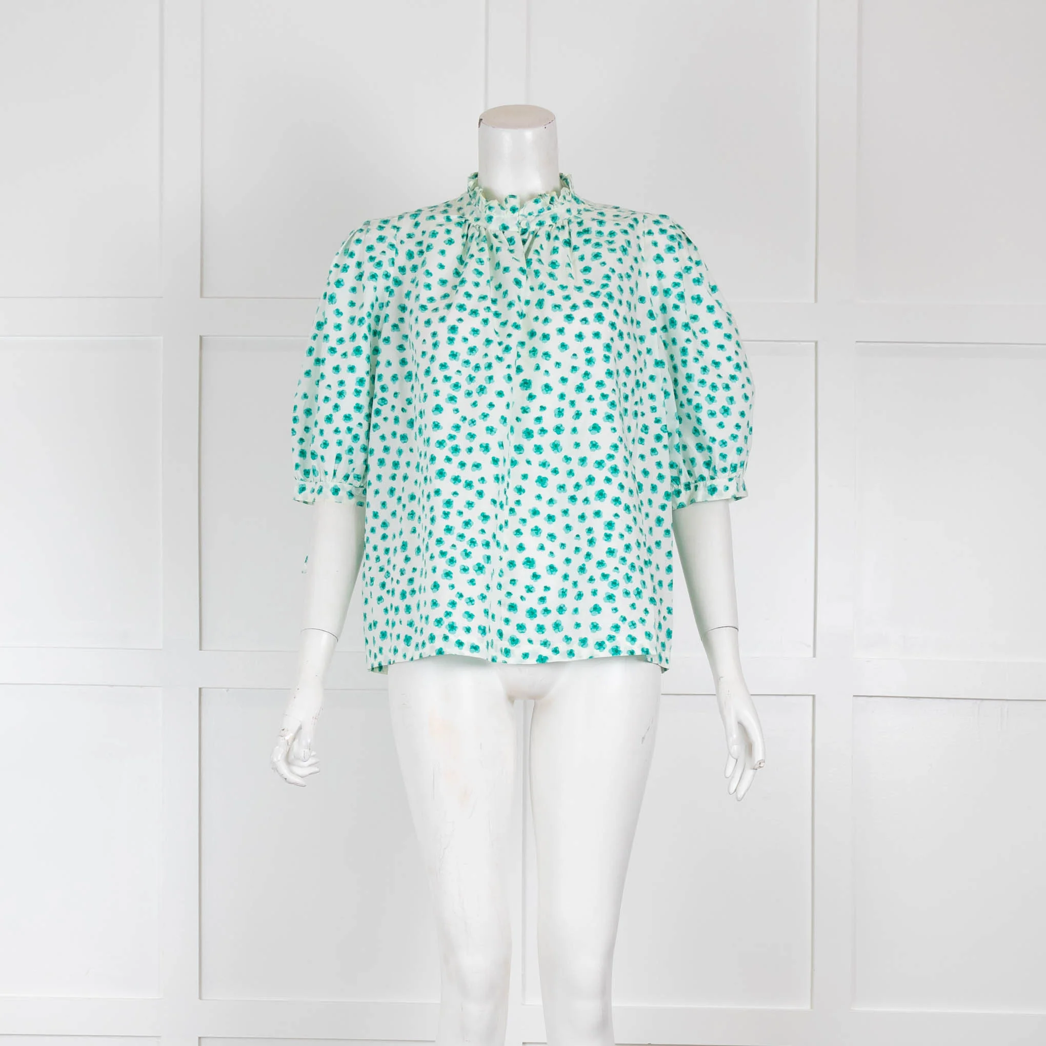 Rebecca Taylor White Green Floral Short Sleeve Cotton Top