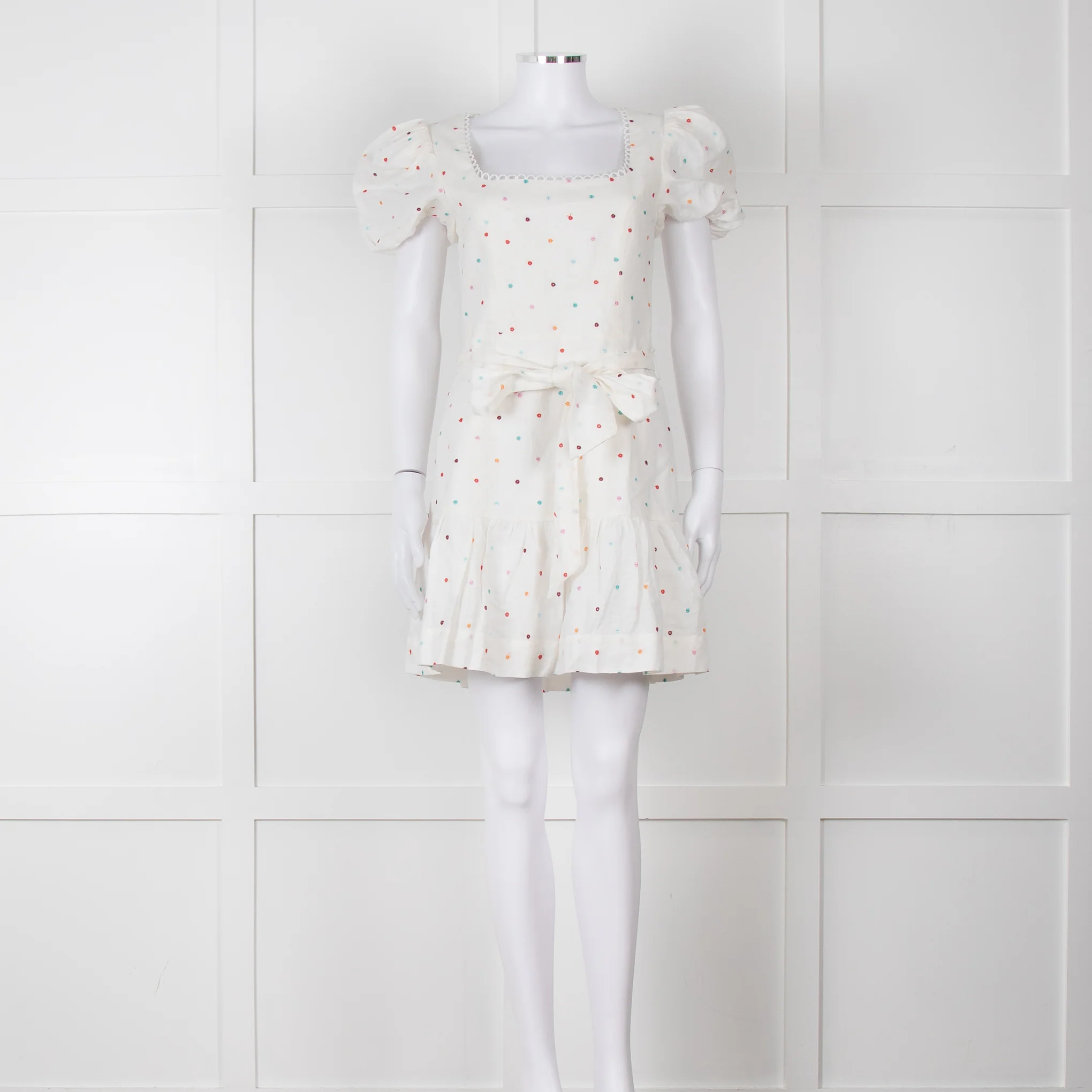 Rebecca Vallance Cream Multi Coloured Embroidered Dots Cotton Mini Dress